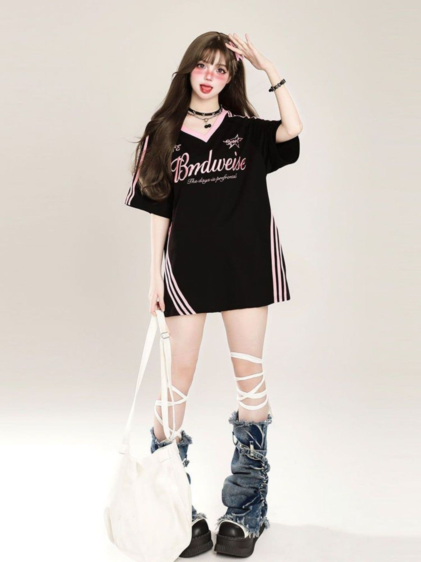 좋은 솜씨 원본 자수 리본 19 지점 220 그램 케이블 루오 Na 네클라인 반팔 티셔츠 여성 상세 이미지 4