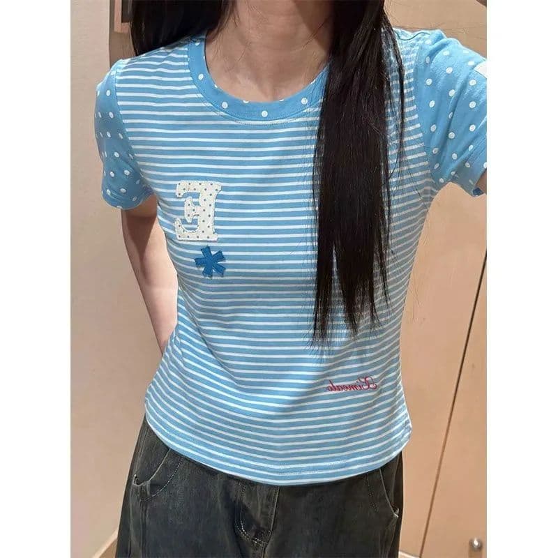40 220 그램 92 면 8 암모니아 Lun 리브 네클라인 프린트 포밍 몸매 가꾸기 반팔 티셔츠 여성 이미지 2