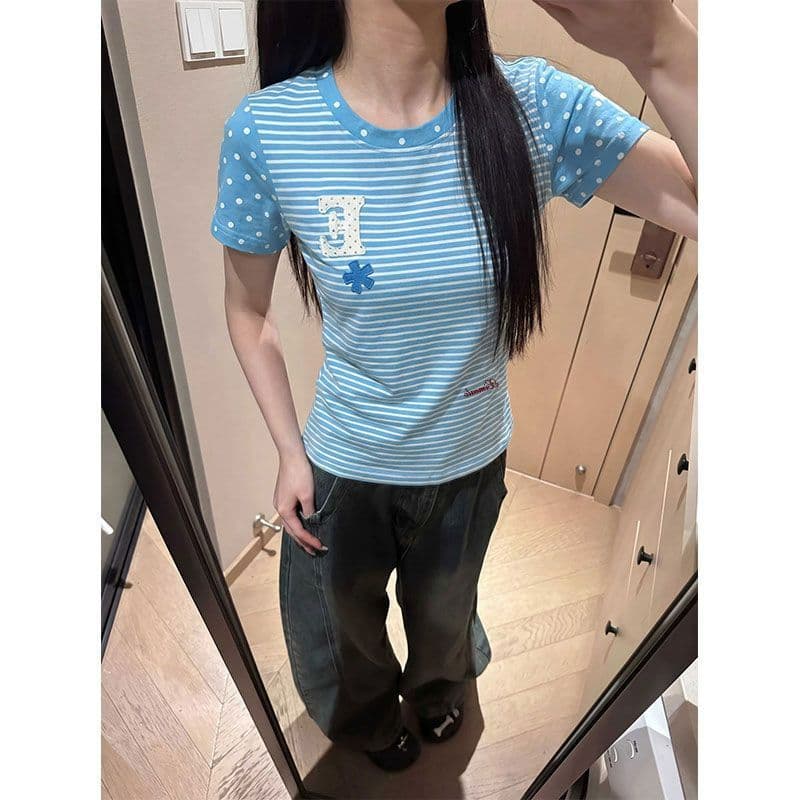 40 220 그램 92 면 8 암모니아 Lun 리브 네클라인 프린트 포밍 몸매 가꾸기 반팔 티셔츠 여성 이미지 3