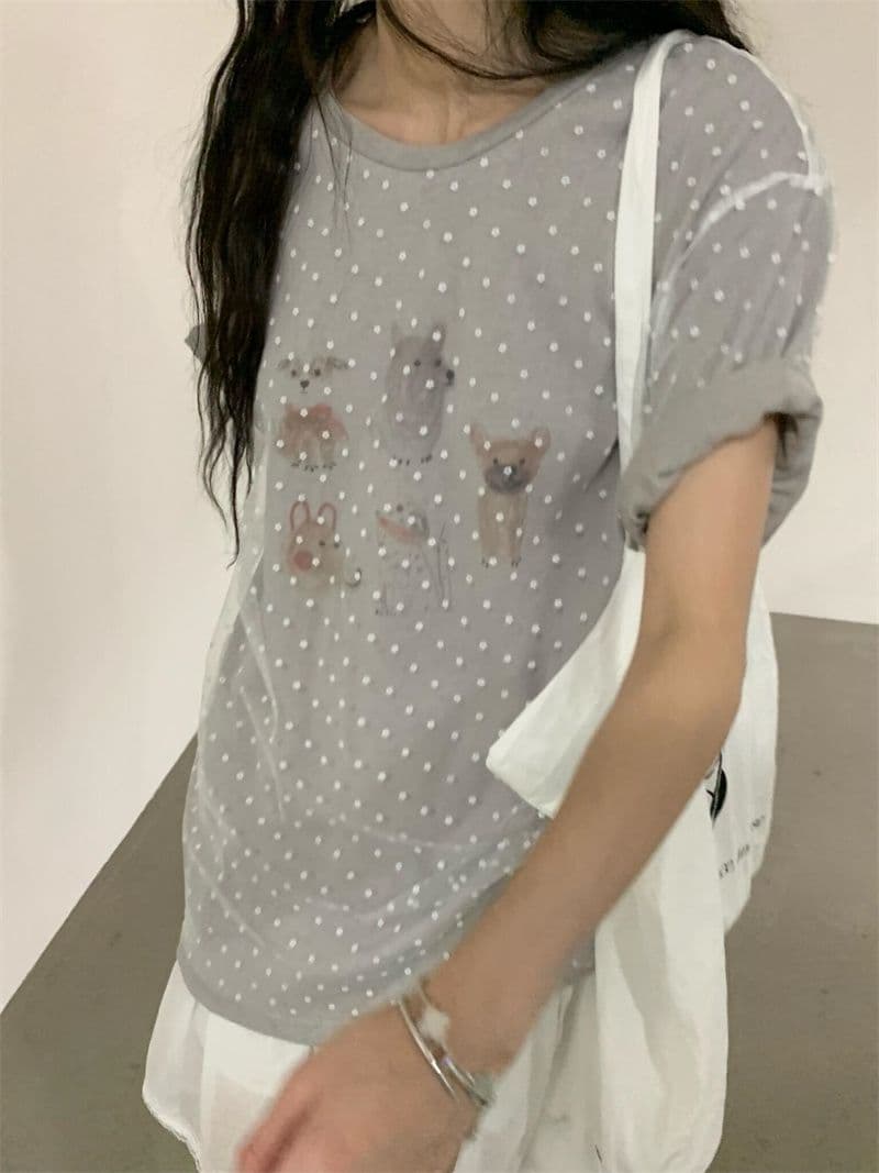 한국 동대문 원본 명중 이사회 원단 눈꽃 게으른 면 스택 착용 망사 도트 무늬 반팔 티셔츠 이미지 3