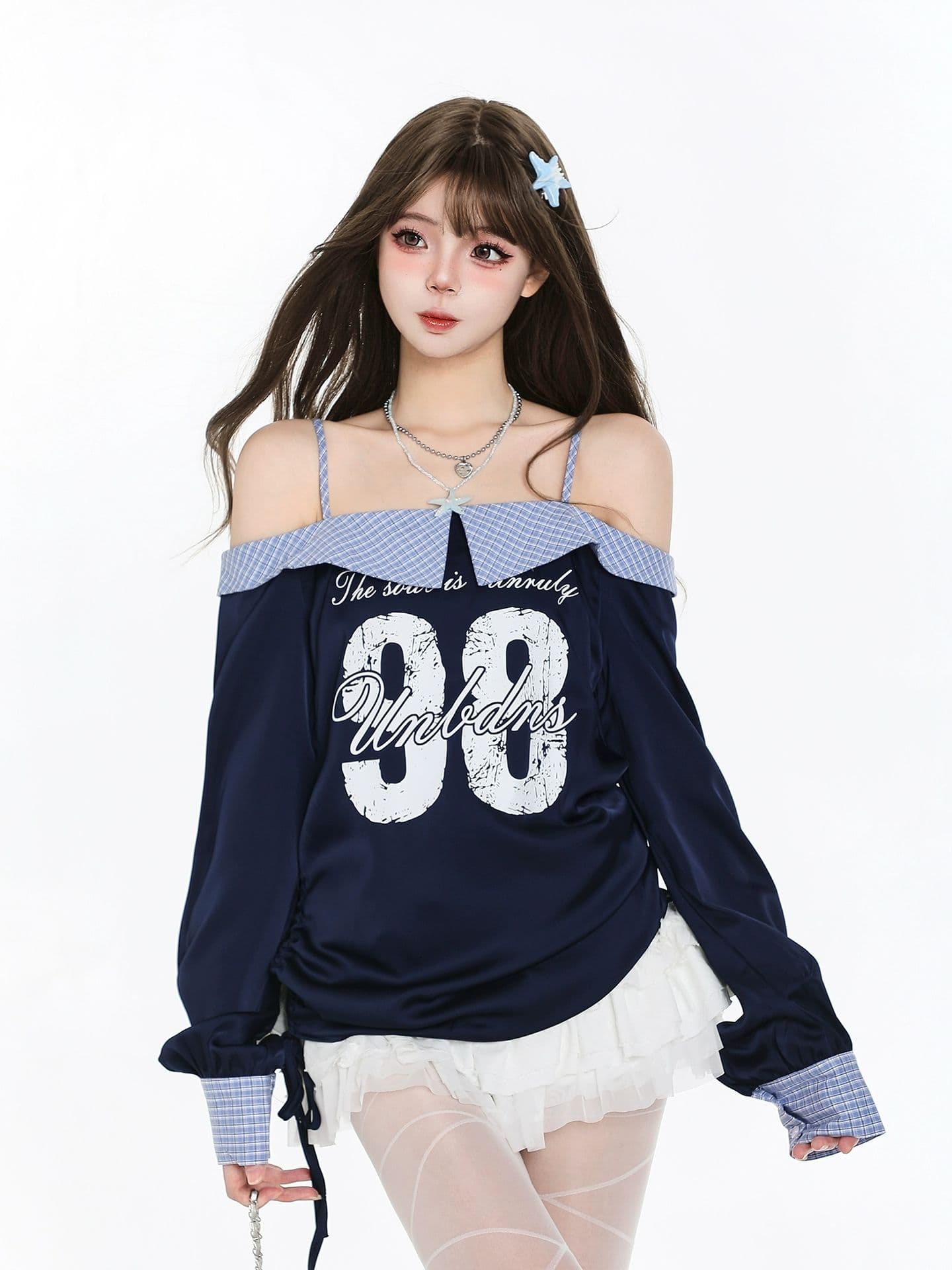 아메리칸 레트로 핫걸 오프숄더 긴팔 티셔츠 소녀 봄 여름 펌프 로프 아름다운 운동 바람 슬림해 보이는 오프숄더 맨위 상세 이미지 1