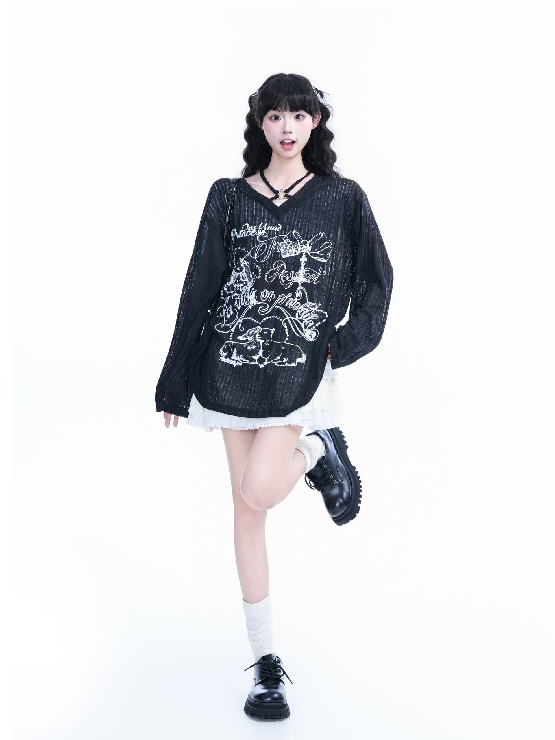 느긋한 바람 긴팔 티셔츠 여성 재미있는 만화 낙서 하프 시스루 루즈핏 자외선 차단 블라우스 맨위 상세 이미지 1