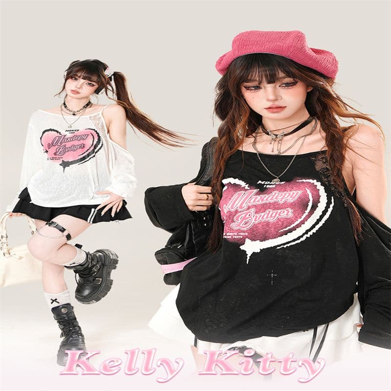 kellykitty 스타 남자 사쿠라 와일드 한 부서 마이크로 ~을 통해 오프숄더 자외선 차단 블라우스 여성 여름 루즈핏 슬림해 보이는 얇은 스타일 맨위 상세 이미지 8