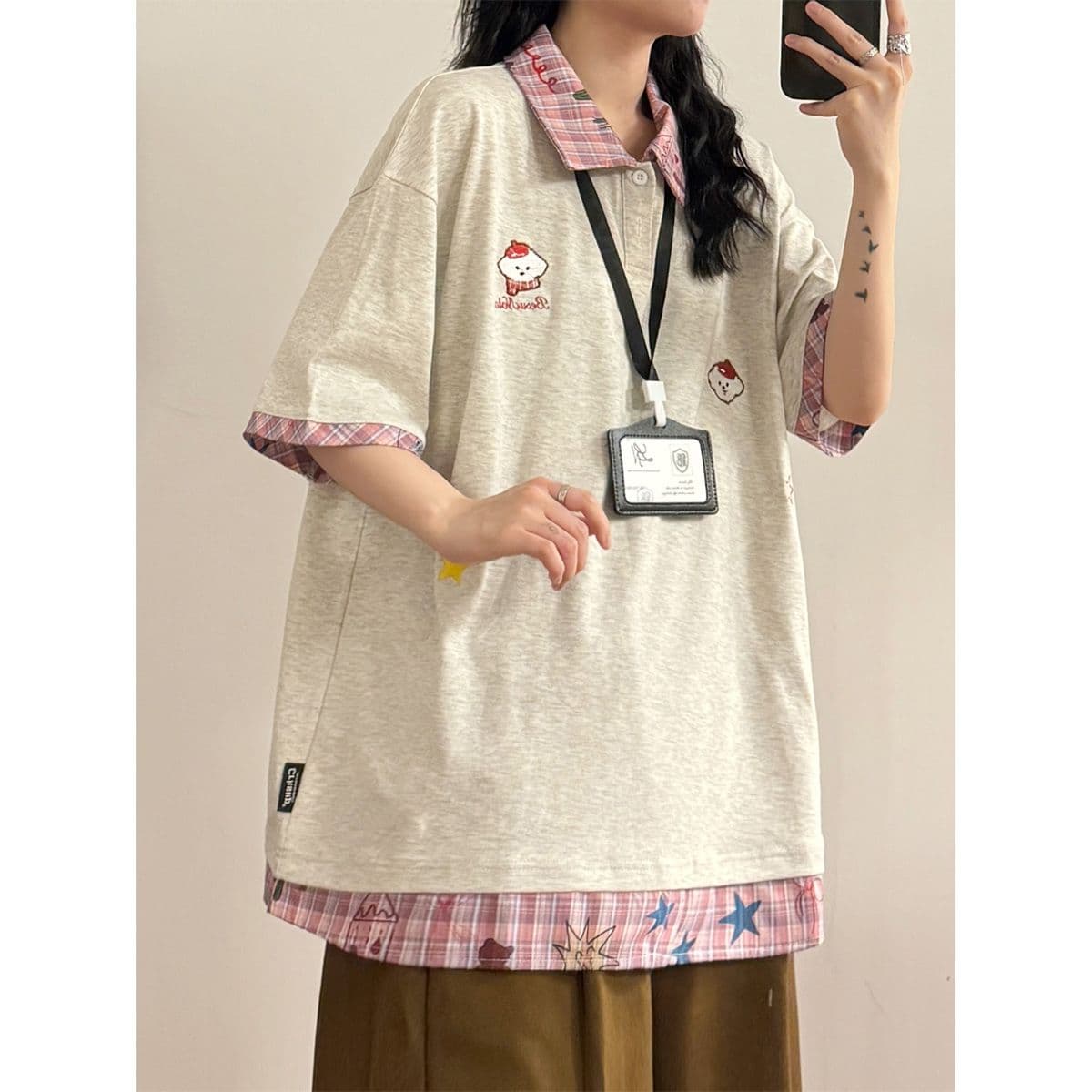 40 더블 실 원본 원단 원본 솜씨 강아지 자수 학원 스타일 반팔 티셔츠 여성 체크무늬 페이크 레이어드 여름 상세 이미지 5