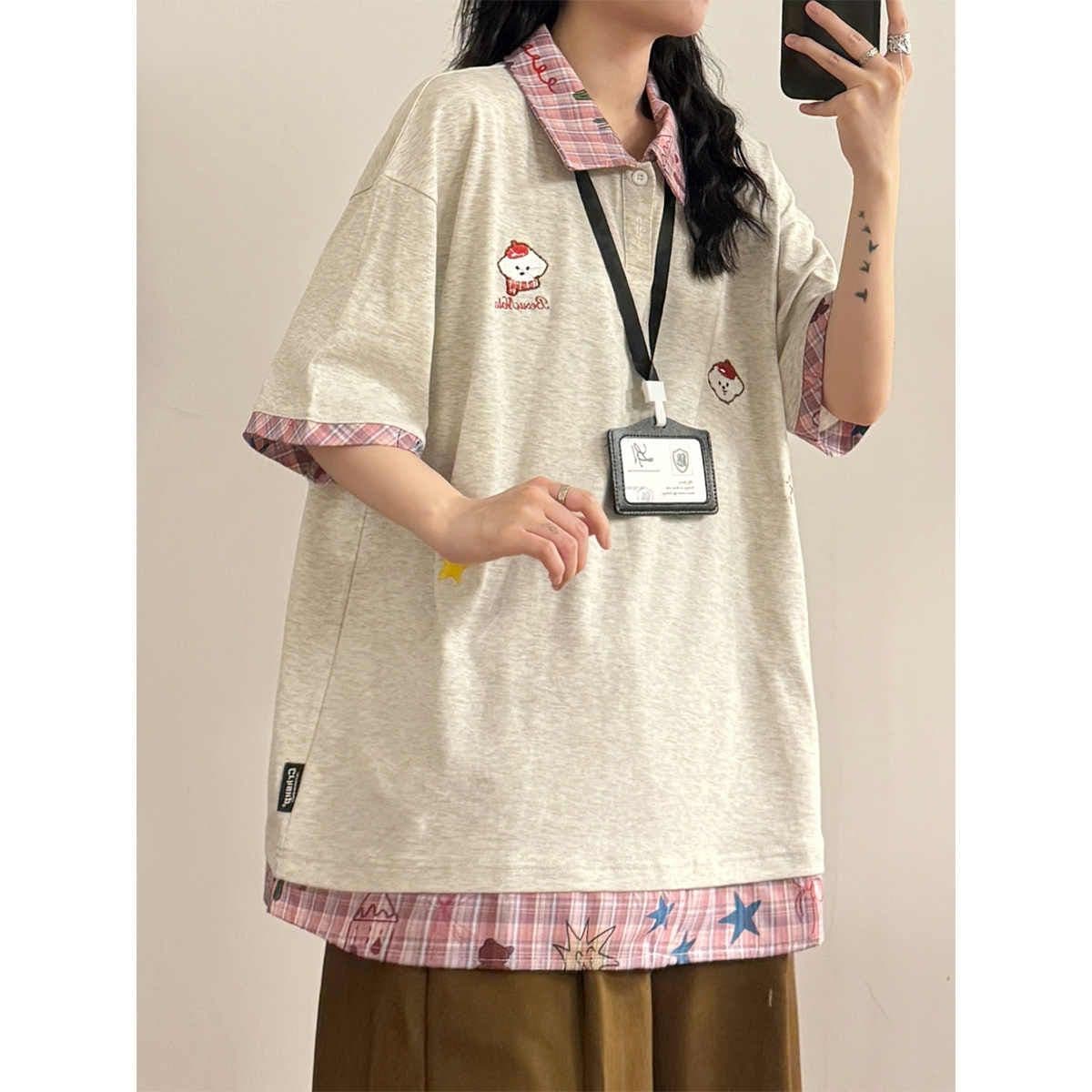 40 더블 실 원본 원단 원본 솜씨 강아지 자수 학원 스타일 반팔 티셔츠 여성 체크무늬 페이크 레이어드 여름 상세 이미지 12