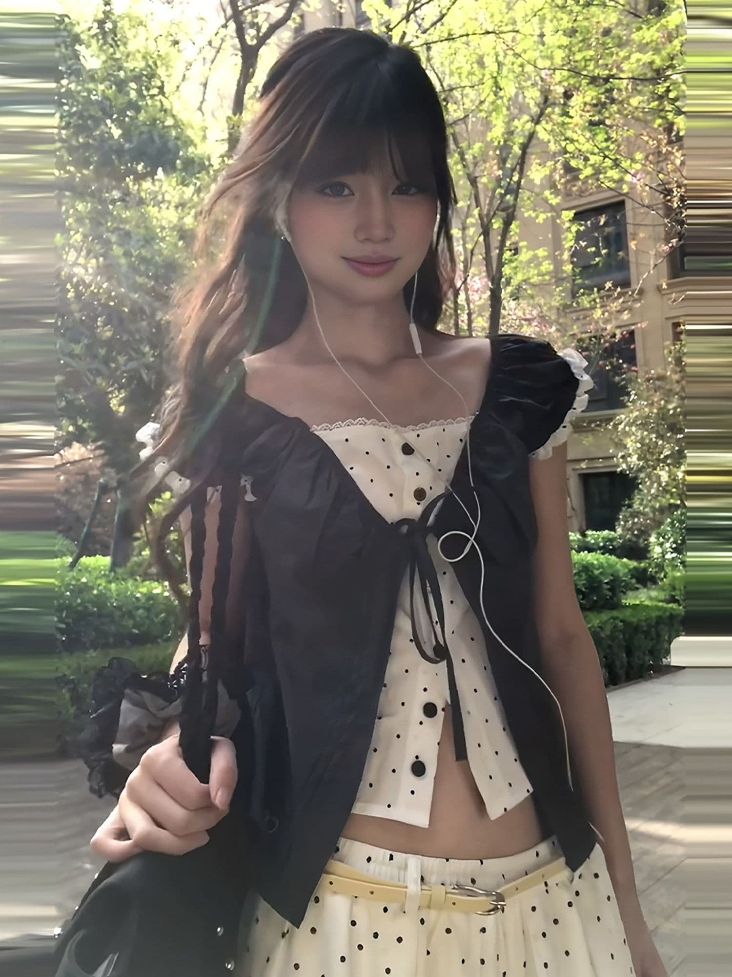 순수한 욕망 바람 나비 넥타이 반팔 맨위 여성 여름 달콤한 스타일 페이크 레이어드 티셔츠 배색 작은 날다 소매 작은 셔츠 상세 이미지 4