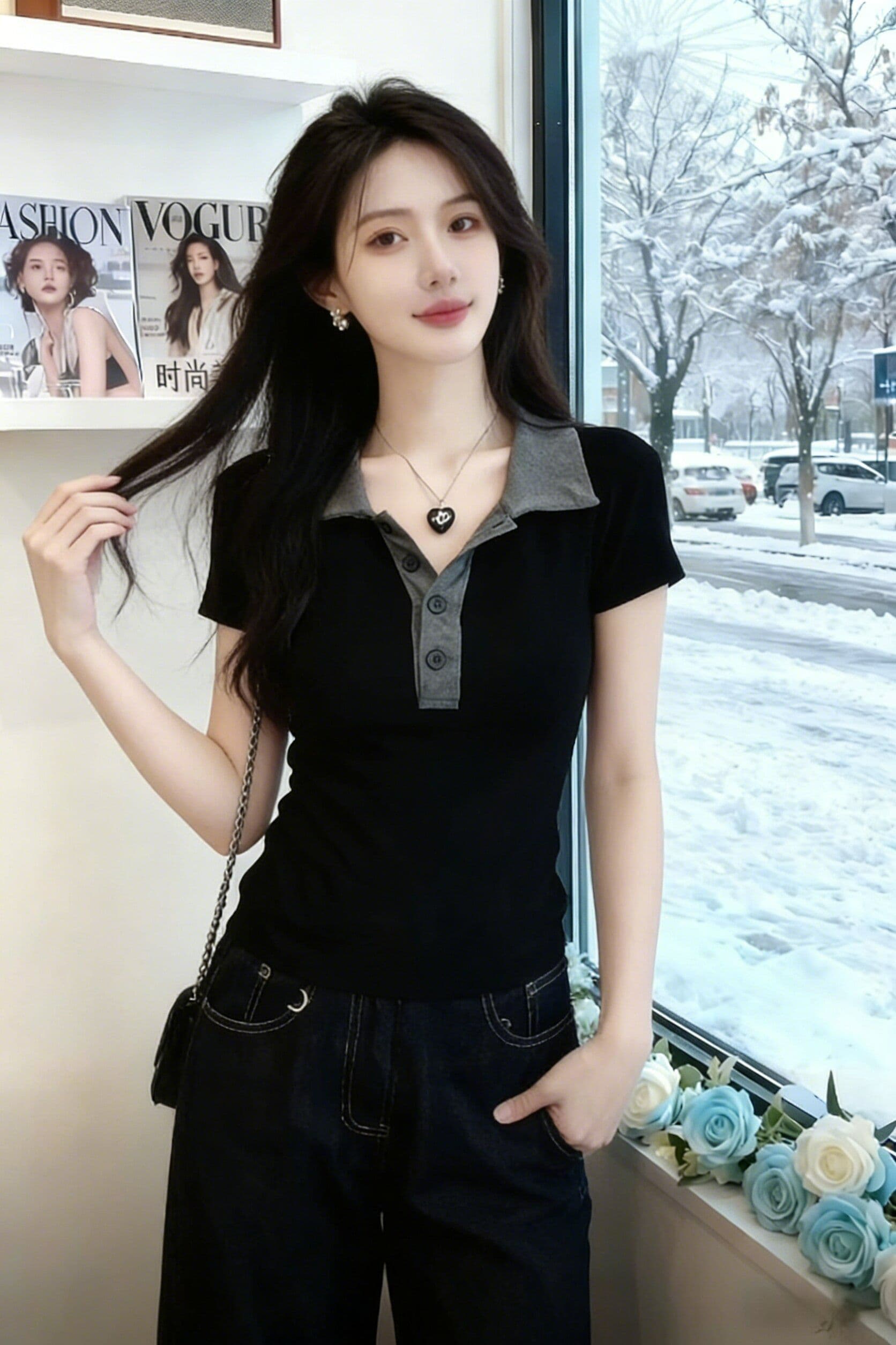 블랙 회색 폴로 칼라 몸매 가꾸기 슬림해 보이는 만나는 반팔 티셔츠 잘 생긴 특별 아름다운 꼬집기 허리 위로 의류 상세 이미지 2