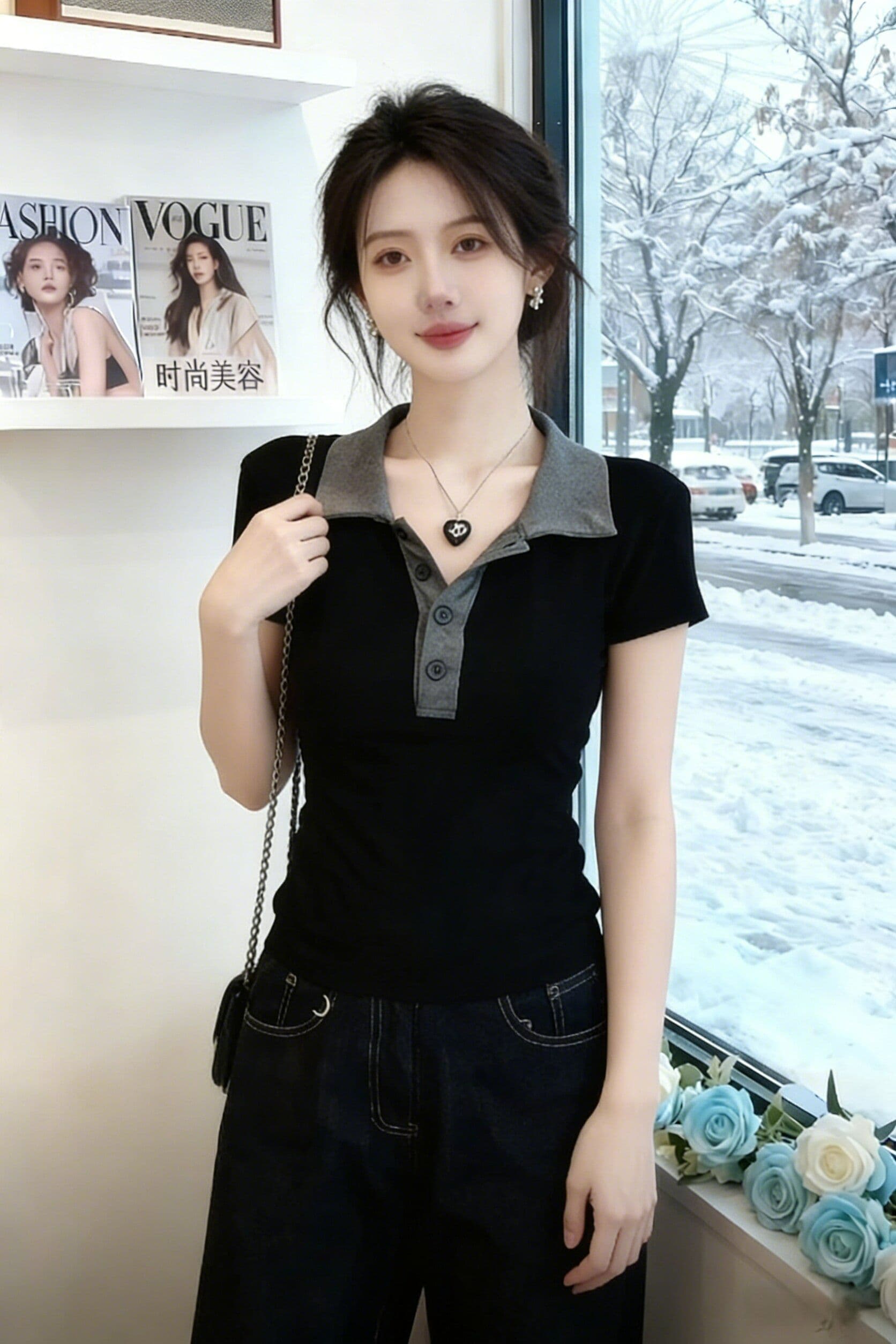 블랙 회색 폴로 칼라 몸매 가꾸기 슬림해 보이는 만나는 반팔 티셔츠 잘 생긴 특별 아름다운 꼬집기 허리 위로 의류 상세 이미지 3