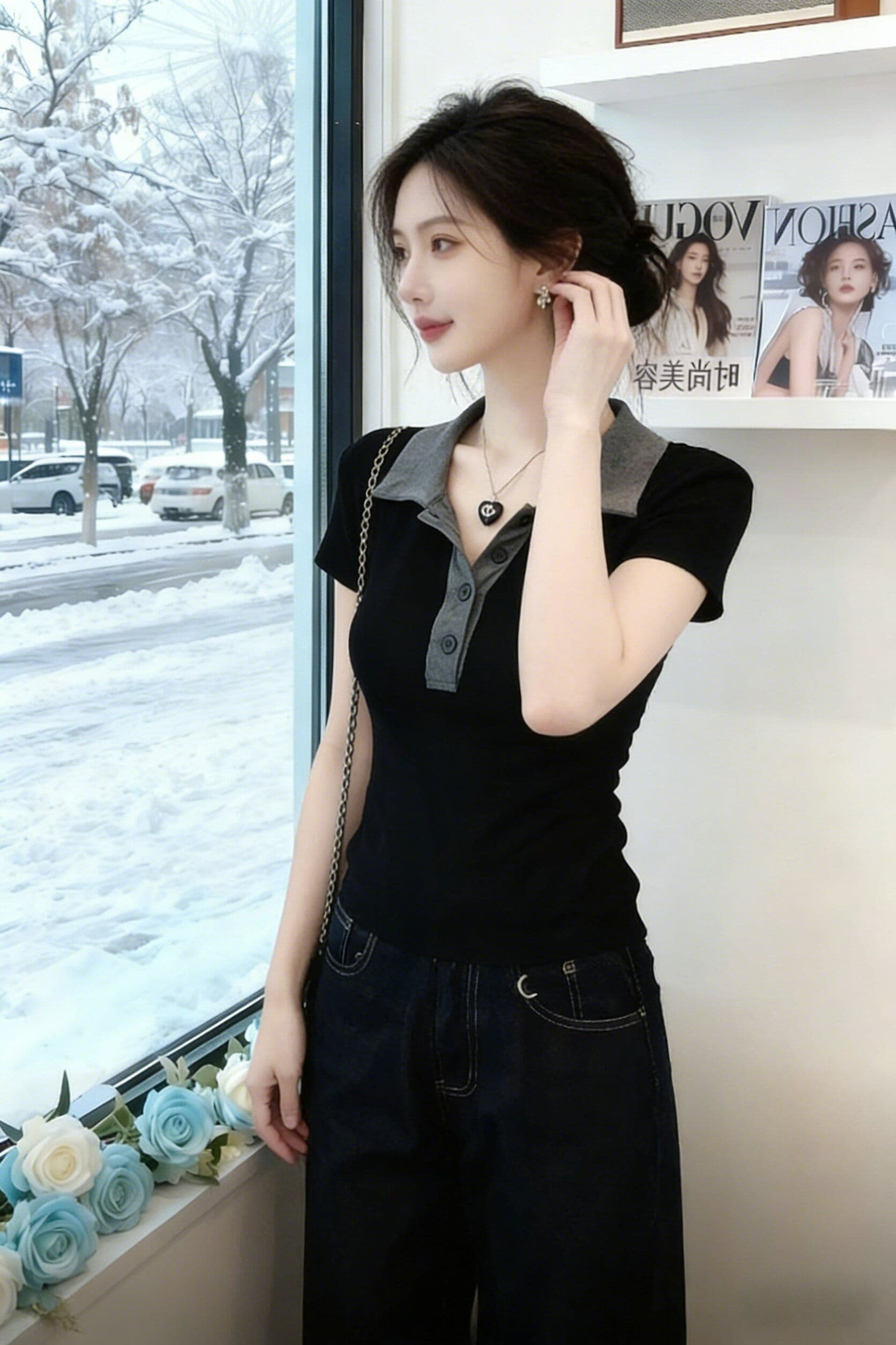 블랙 회색 폴로 칼라 몸매 가꾸기 슬림해 보이는 만나는 반팔 티셔츠 잘 생긴 특별 아름다운 꼬집기 허리 위로 의류 상세 이미지 4