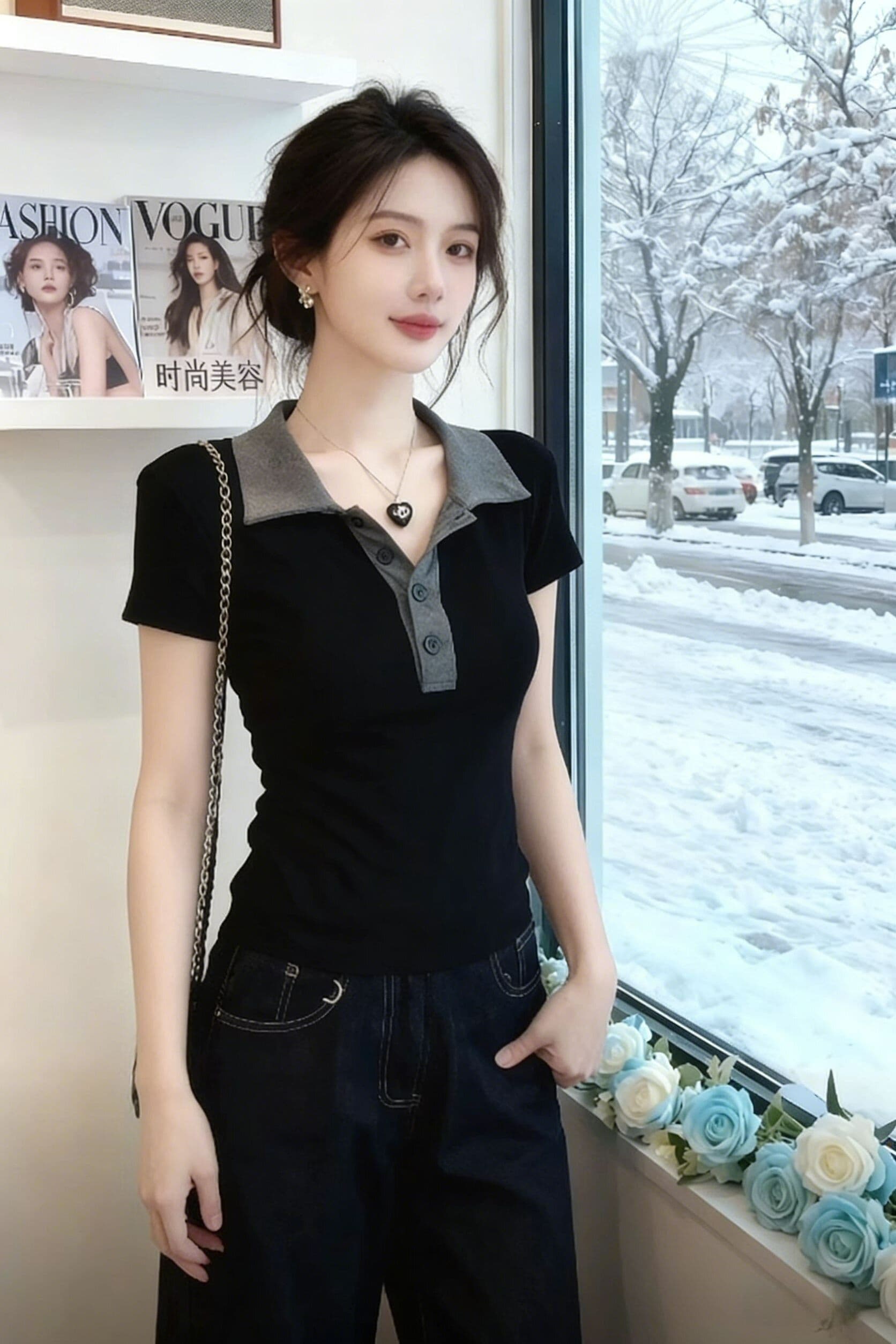 블랙 회색 폴로 칼라 몸매 가꾸기 슬림해 보이는 만나는 반팔 티셔츠 잘 생긴 특별 아름다운 꼬집기 허리 위로 의류 상세 이미지 5