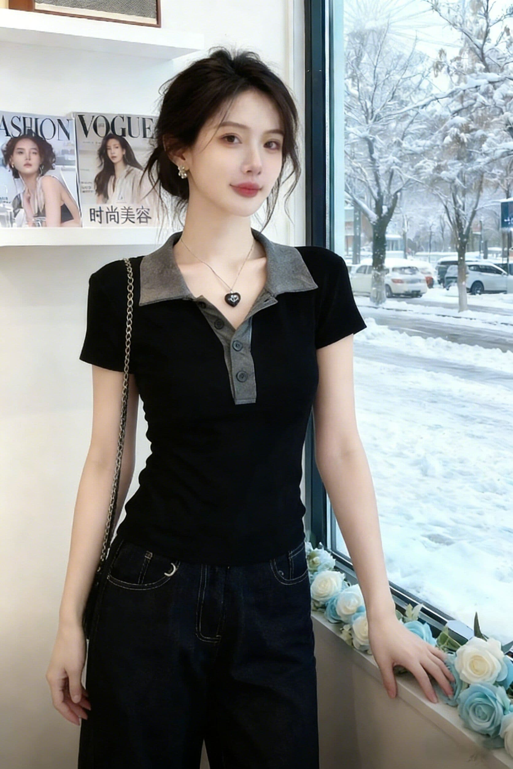 블랙 회색 폴로 칼라 몸매 가꾸기 슬림해 보이는 만나는 반팔 티셔츠 잘 생긴 특별 아름다운 꼬집기 허리 위로 의류 상세 이미지 6