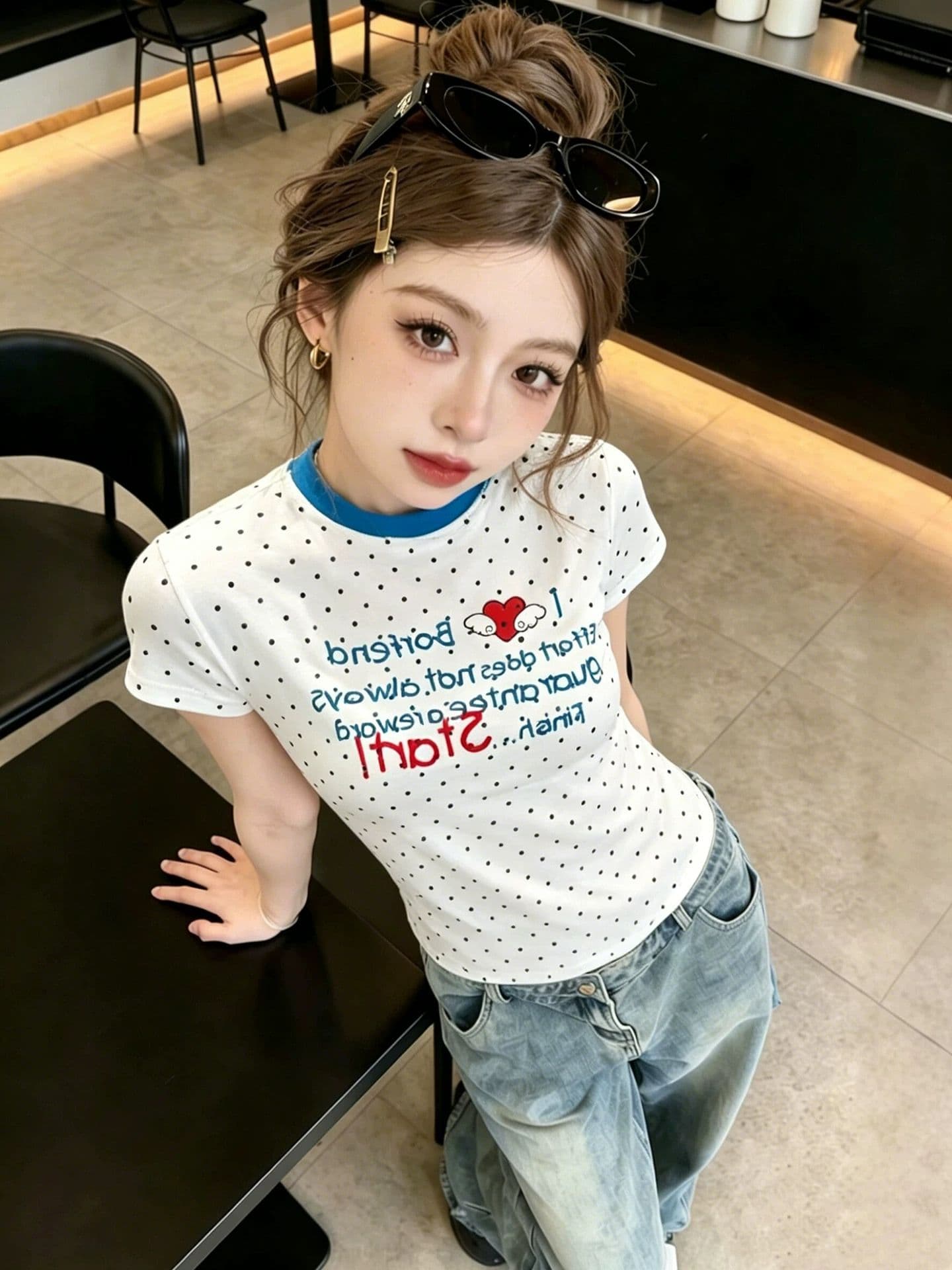 하트 도트 무늬 알파벳 반팔 티셔츠 여성 여름 몸매 가꾸기 슬림해 보이는 긍정적 인 어깨 핫걸 쇼트 스타일 맨위