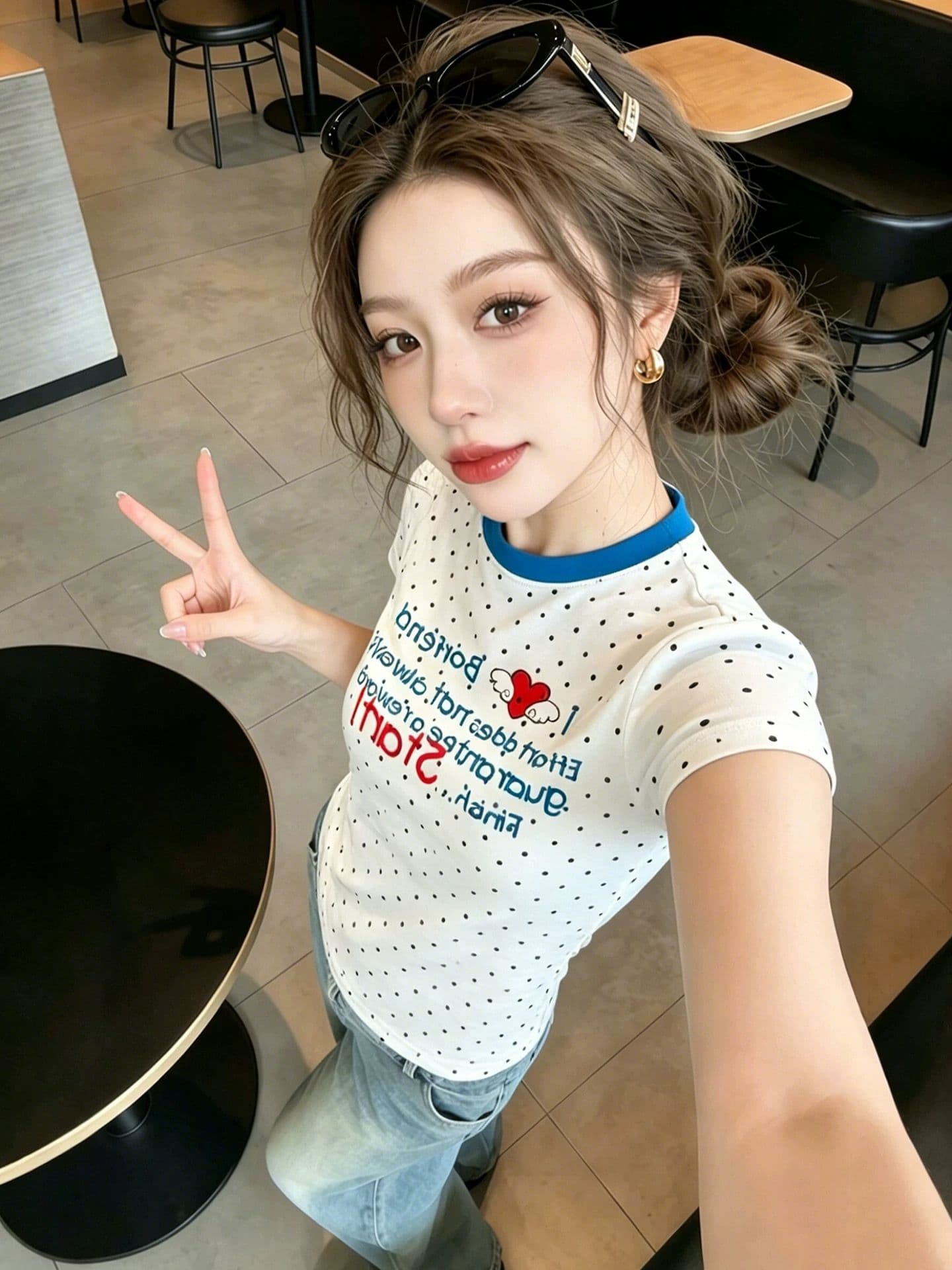 하트 도트 무늬 알파벳 반팔 티셔츠 여성 여름 몸매 가꾸기 슬림해 보이는 긍정적 인 어깨 핫걸 쇼트 스타일 맨위 이미지 4