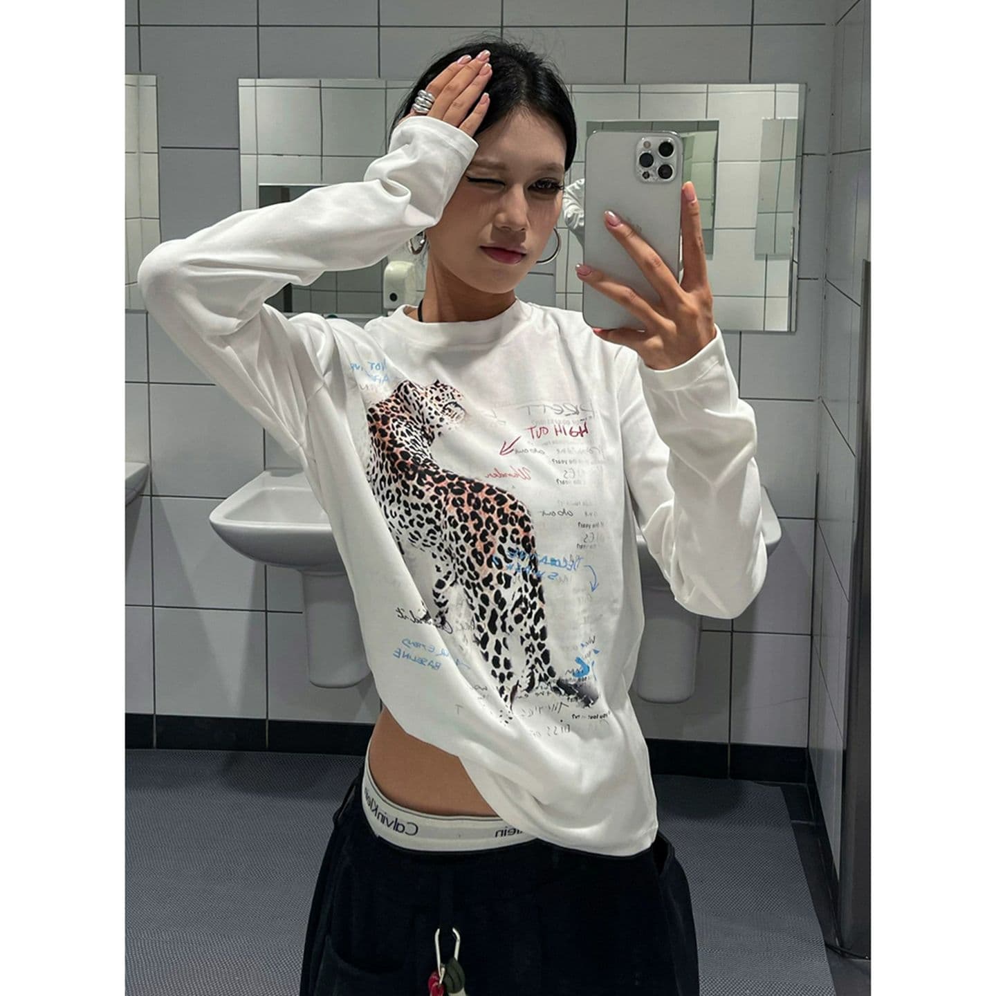 원본 것 아메리칸 표범 프린트 화이트 긴팔 티셔츠 기본 셔츠 맨위