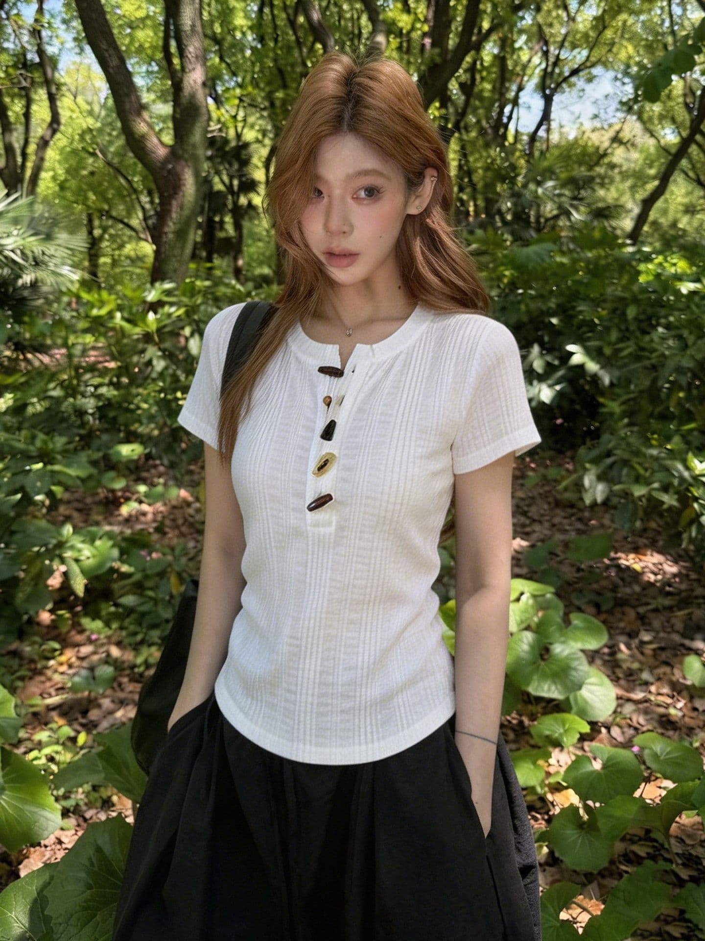 원본 원단 질감 센스 소뿔 버클 반팔 티셔츠 여름 핫걸 헨리 칼라 화이트 긍정적 인 어깨 의류 상세 이미지 2