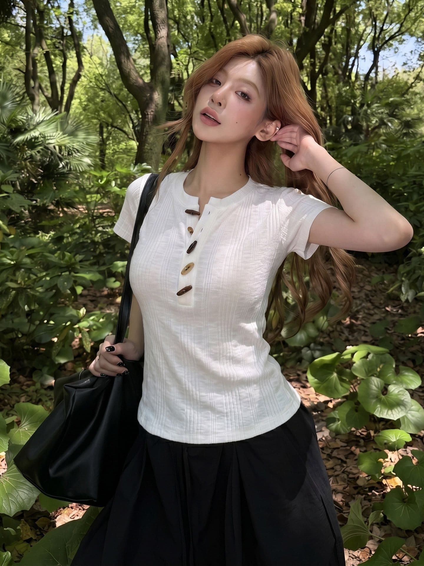 원본 원단 질감 센스 소뿔 버클 반팔 티셔츠 여름 핫걸 헨리 칼라 화이트 긍정적 인 어깨 의류 상세 이미지 5
