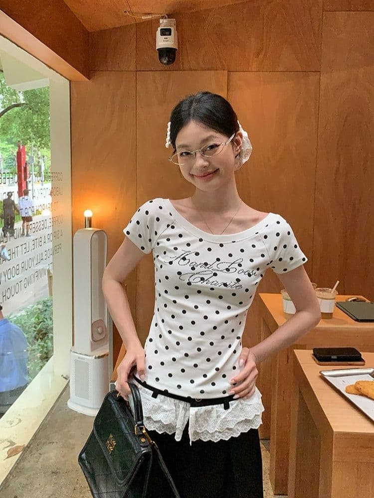 40 차가운 실크 코튼 핫픽스 화이트 도트 무늬 비스듬한 어깨 반팔 티셔츠 여성 여름 몸매 가꾸기 슬림해 보이는 디자인 센스 작은 맨위 이미지 4