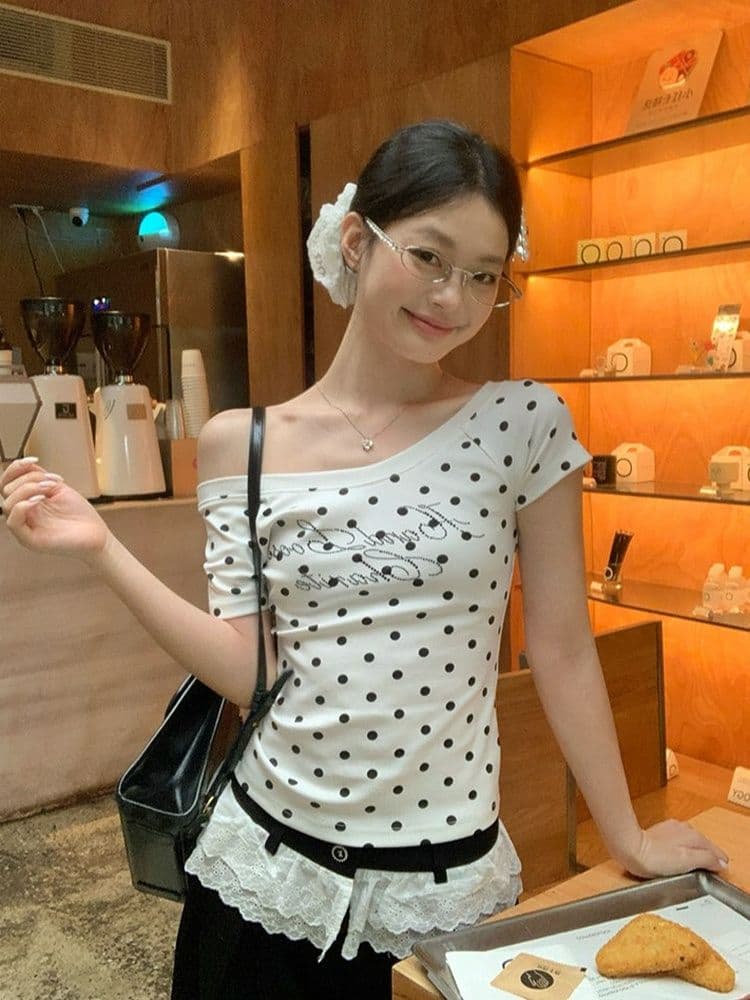 40 차가운 실크 코튼 핫픽스 화이트 도트 무늬 비스듬한 어깨 반팔 티셔츠 여성 여름 몸매 가꾸기 슬림해 보이는 디자인 센스 작은 맨위 상세 이미지 3