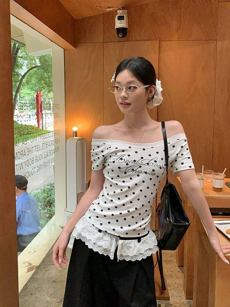 40 차가운 실크 코튼 핫픽스 화이트 도트 무늬 비스듬한 어깨 반팔 티셔츠 여성 여름 몸매 가꾸기 슬림해 보이는 디자인 센스 작은 맨위 상세 이미지 6