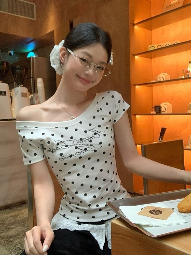 40 차가운 실크 코튼 핫픽스 화이트 도트 무늬 비스듬한 어깨 반팔 티셔츠 여성 여름 몸매 가꾸기 슬림해 보이는 디자인 센스 작은 맨위 상세 이미지 10
