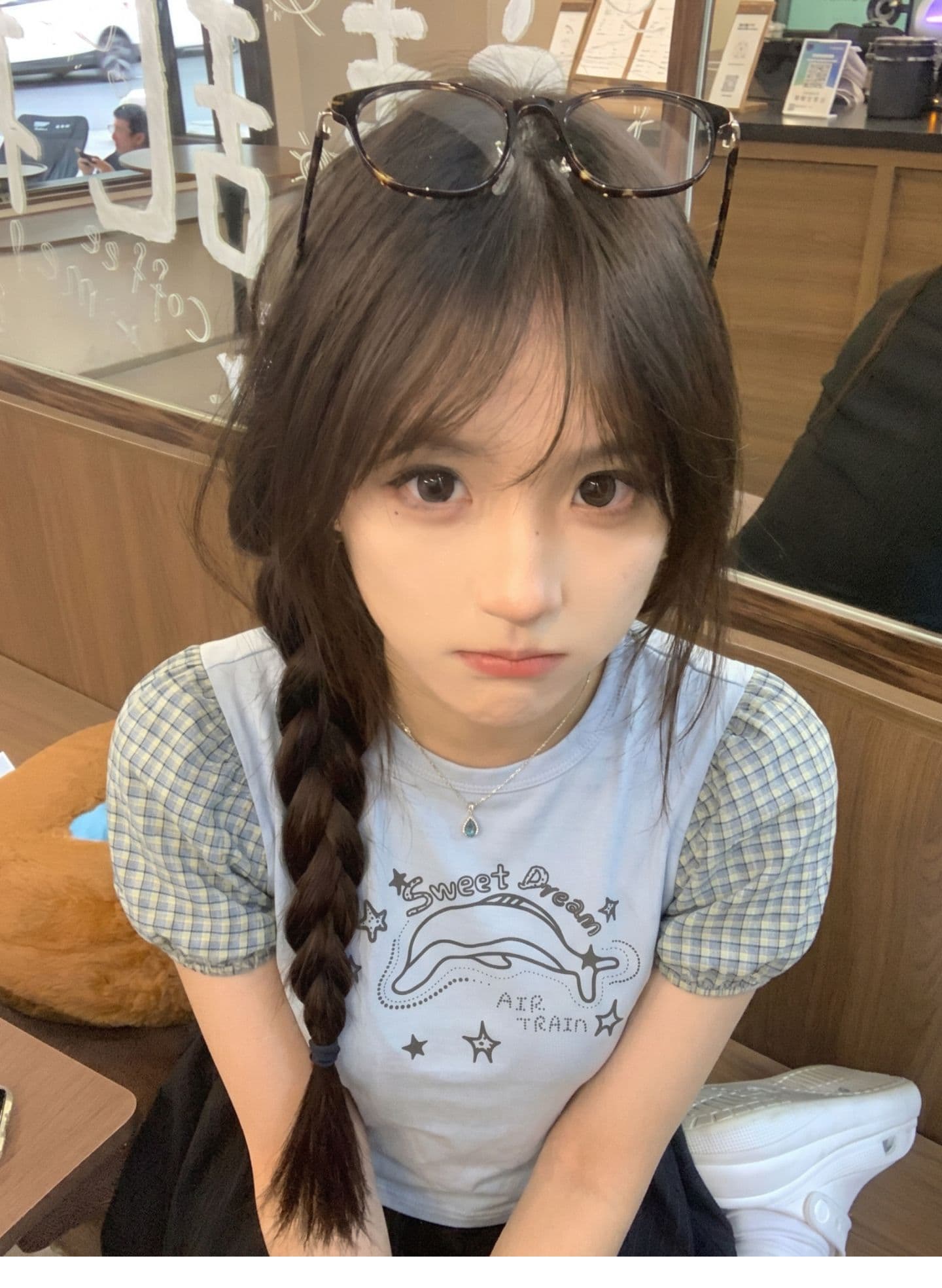 원본 원단 거품 소매 돌고래 프린트 반팔 티셔츠 여성 상세 이미지 4