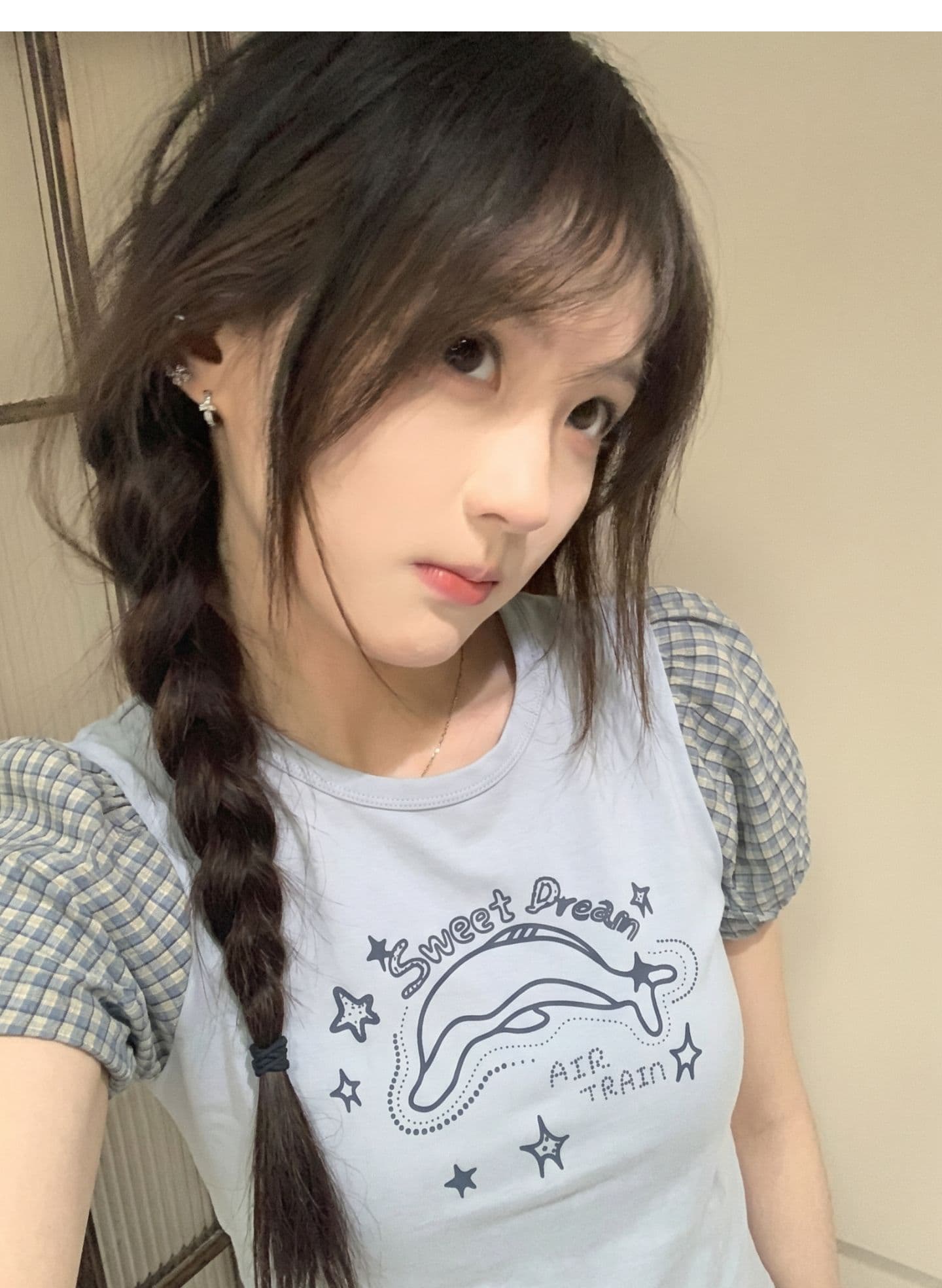 원본 원단 거품 소매 돌고래 프린트 반팔 티셔츠 여성 상세 이미지 8