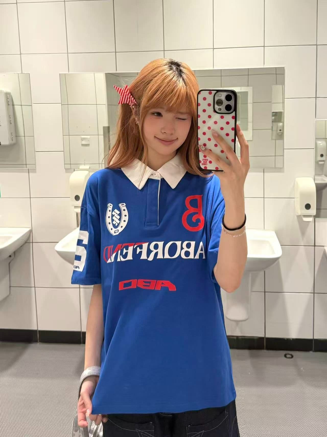 순면 220 그램 배색 알파벳 프린트 폴로 칼라 반팔 티셔츠 남녀 루즈핏 캐주얼 POLO 셔츠 이미지 3