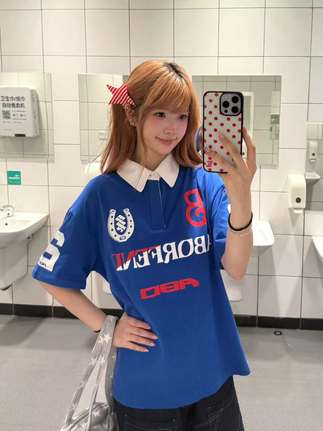 순면 220 그램 배색 알파벳 프린트 폴로 칼라 반팔 티셔츠 남녀 루즈핏 캐주얼 POLO 셔츠 상세 이미지 2