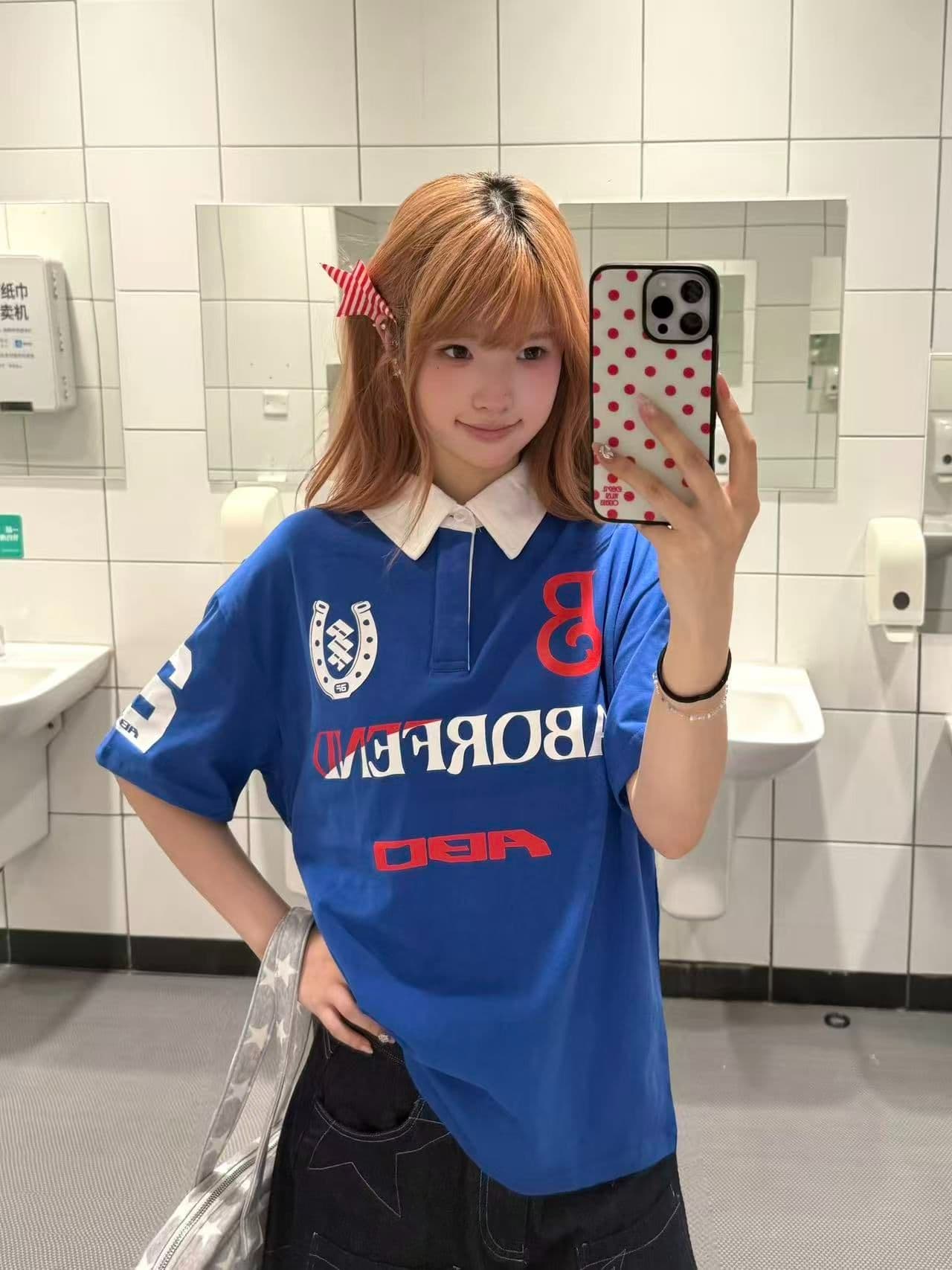 순면 220 그램 배색 알파벳 프린트 폴로 칼라 반팔 티셔츠 남녀 루즈핏 캐주얼 POLO 셔츠 상세 이미지 4