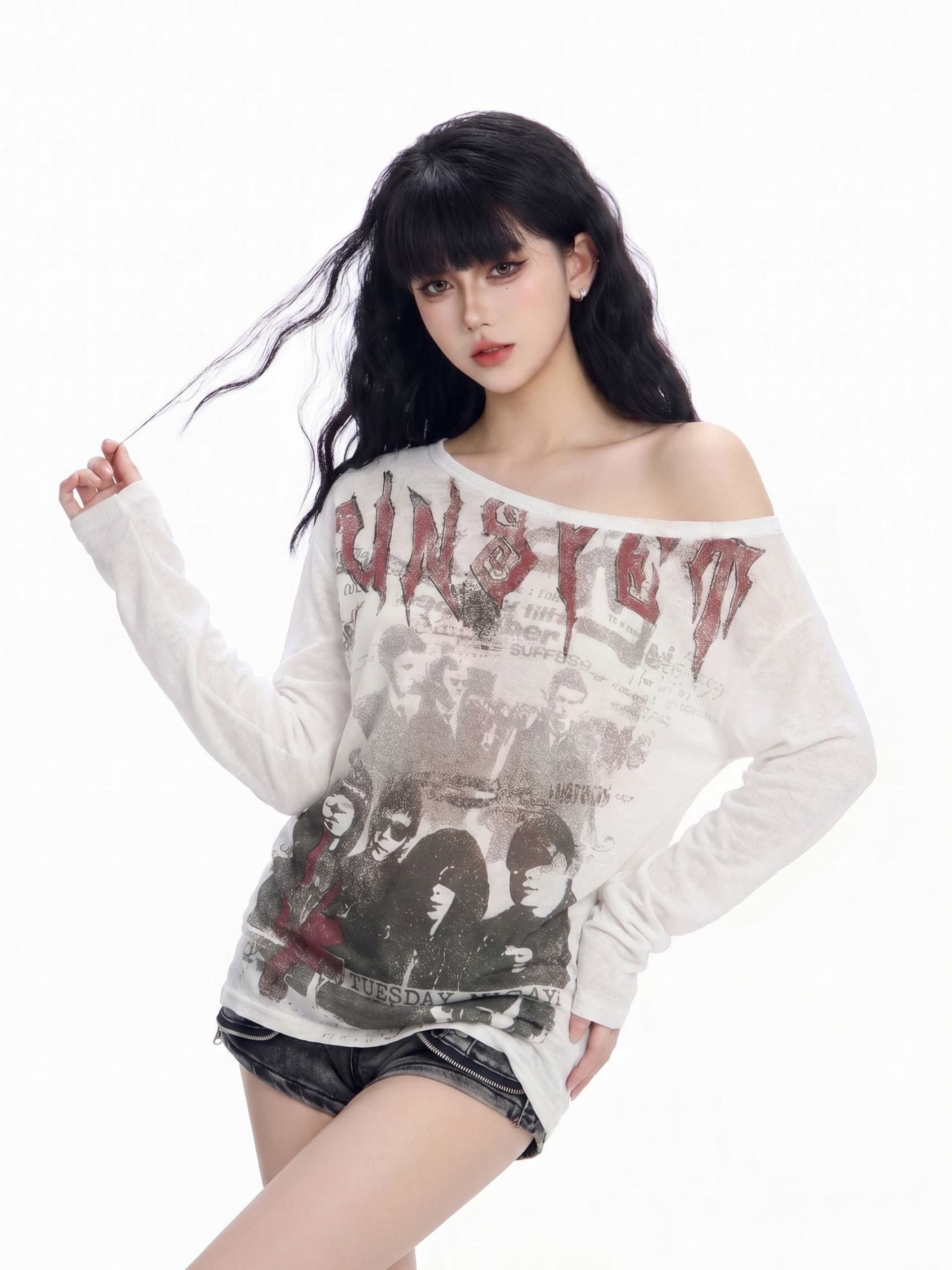 원단 대나무 마디 리브 핫걸 비스듬한 어깨 긴팔 티셔츠 여성 여름 얇은 스타일 마이크로 ~을 통해 루즈핏 블라우스 ins 레트로 상세 이미지 7