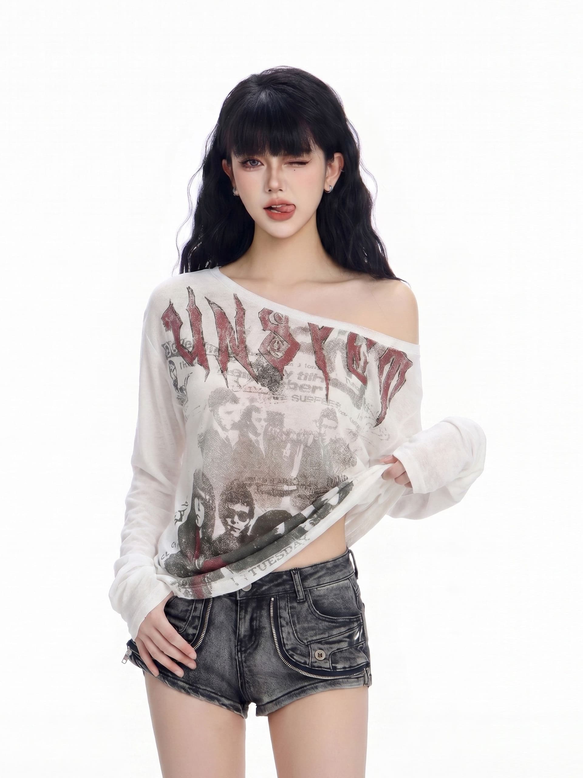 원단 대나무 마디 리브 핫걸 비스듬한 어깨 긴팔 티셔츠 여성 여름 얇은 스타일 마이크로 ~을 통해 루즈핏 블라우스 ins 레트로 상세 이미지 10