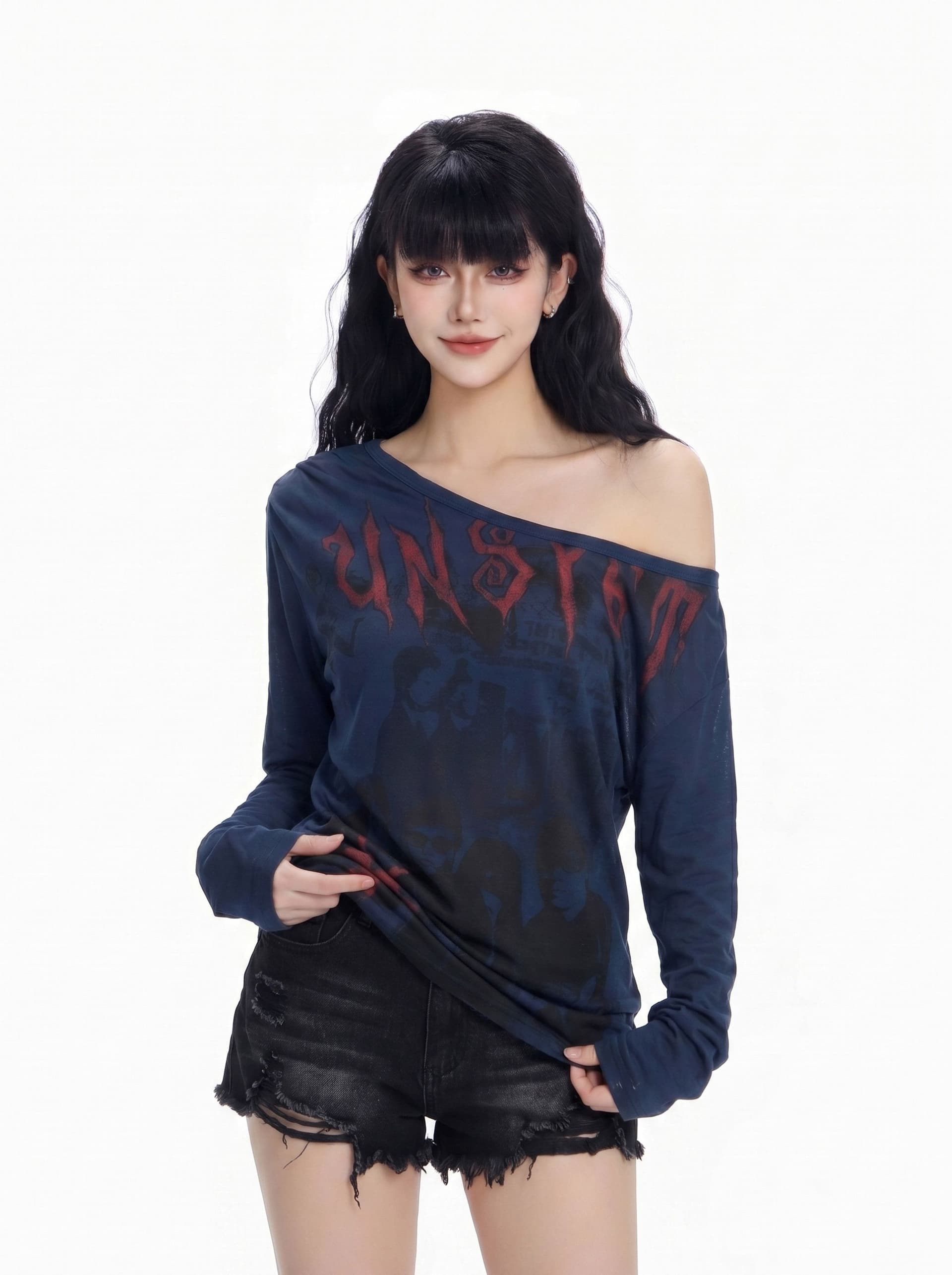 원단 대나무 마디 리브 핫걸 비스듬한 어깨 긴팔 티셔츠 여성 여름 얇은 스타일 마이크로 ~을 통해 루즈핏 블라우스 ins 레트로 상세 이미지 13