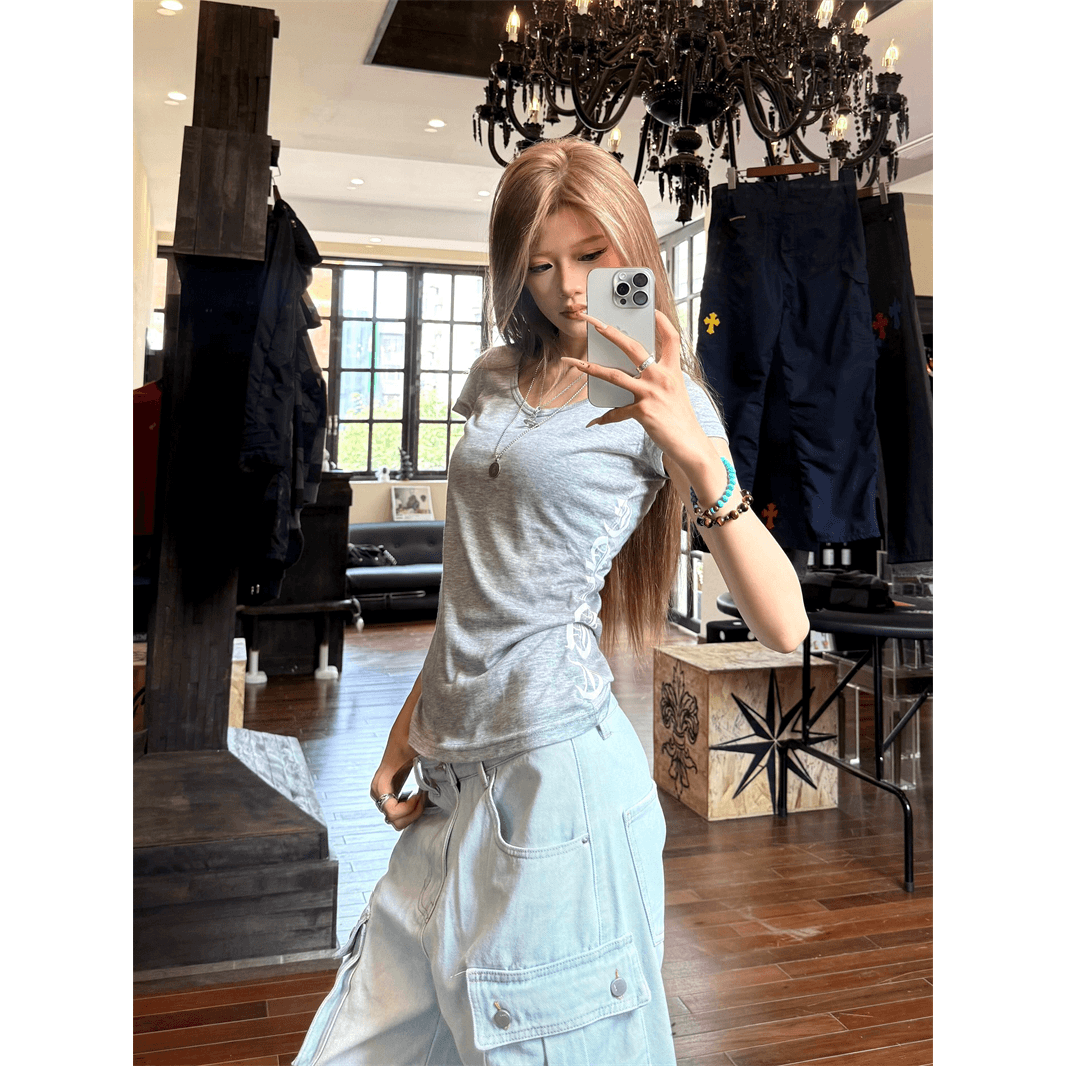 좋은 품질 솜씨 프린트 40 220 그램 92 면 8 암모니아 Lun u 칼라 몸매 가꾸기 티셔츠 여성 이미지 5