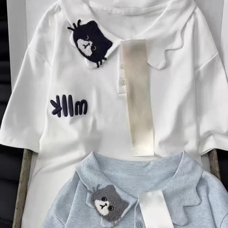원본 솜씨 POLO 칼라 이후 패키지 3 차원 자수 반팔 t 셔츠 여성 상세 이미지 4