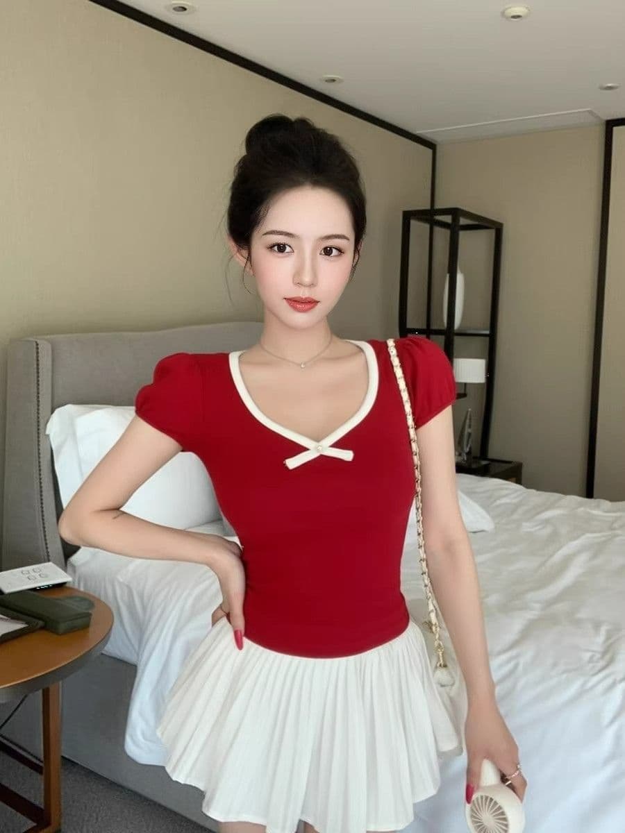 모달 면 빨간색 V넥 나비 매듭 긍정적 인 어깨 반팔 티셔츠 여성 여름 몸매 가꾸기 핫걸 맨위