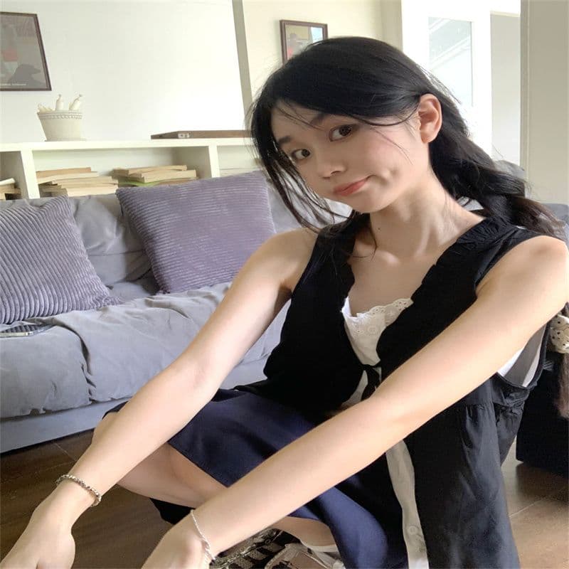 페이크 레이어드 레이스업 배색 패치워크 민소매 여성 셔츠 2026 여름 새로운 디자인 센스 패션 다용도 조끼 트렌디 상세 이미지 5