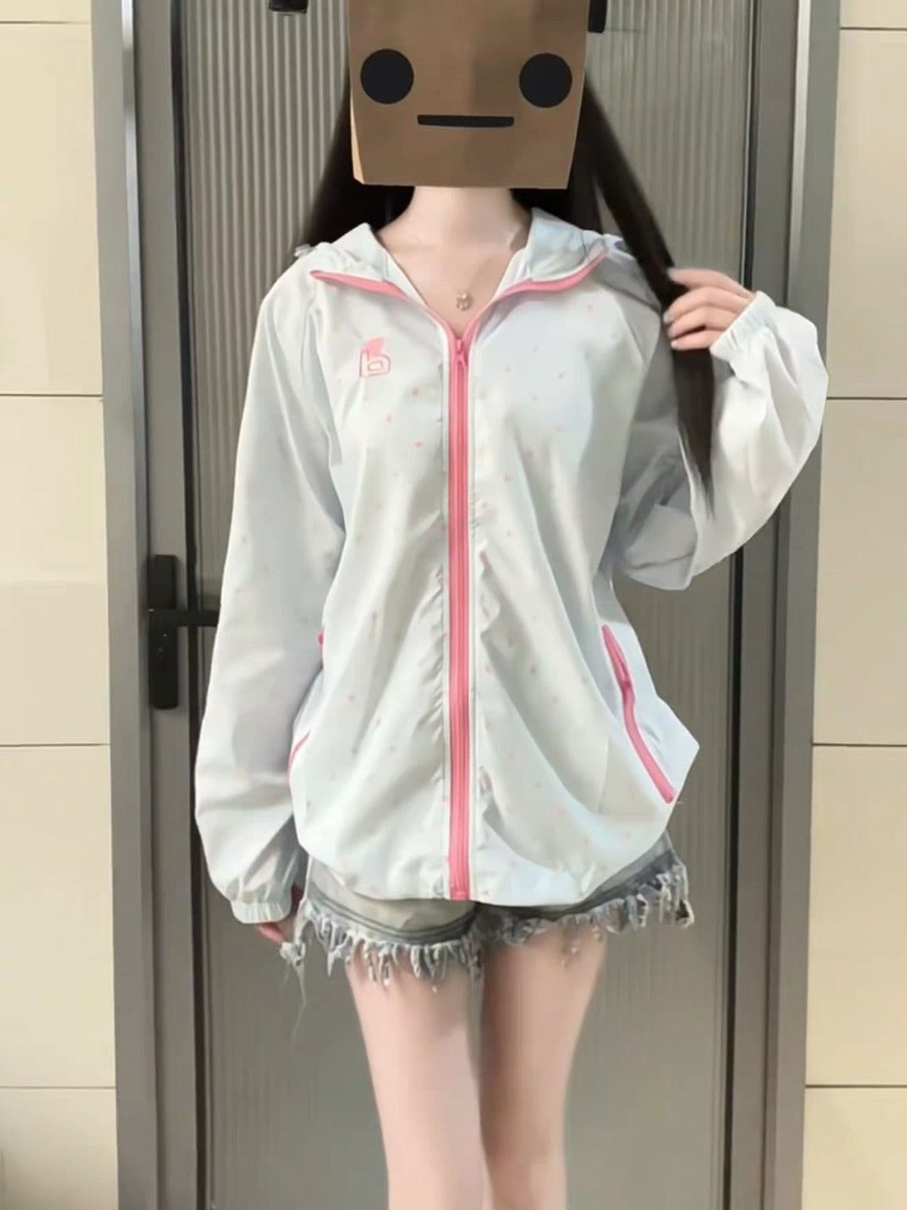 좋은 품질 원본 솜씨 원본 원단 전체 인쇄 도트 무늬 지퍼 더블 모자 자외선 차단 외투 이미지 2