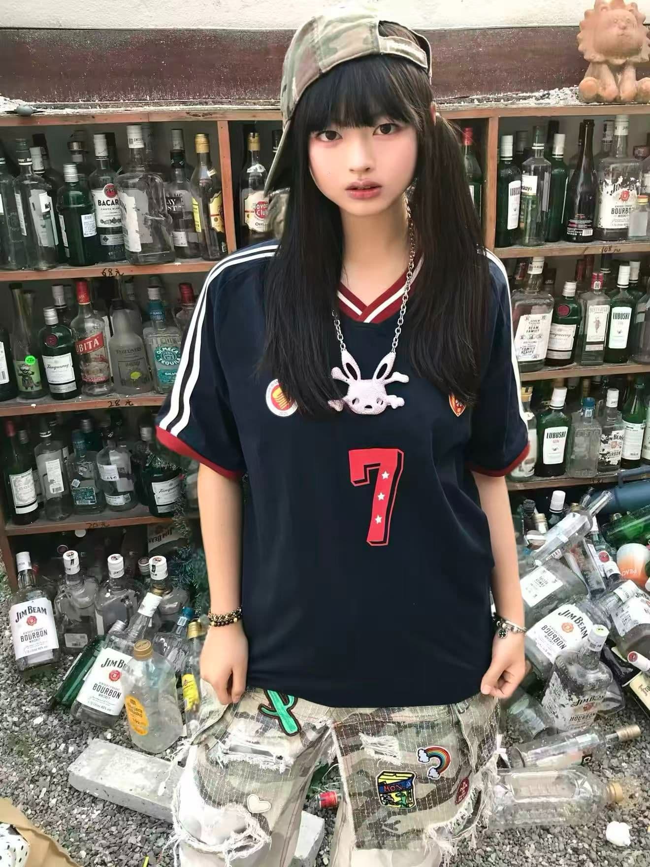 저지 원단 원본 솜씨 아메리칸 V넥 배색 운동 티셔츠 반팔 저지 커플 섹션 공 서비스 남녀 여름 상세 이미지 16