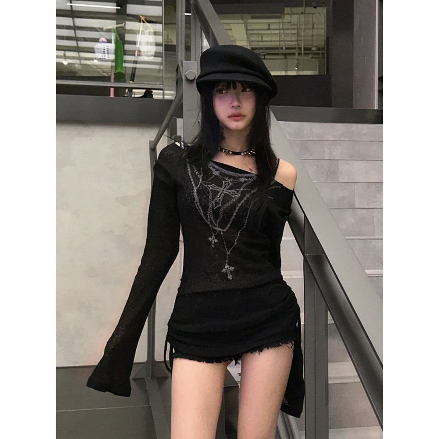 원본 품질 아메리칸 핫걸 바람 프린트 오프숄더 긴팔 티셔츠 허리 수축 블라우스 이미지 3