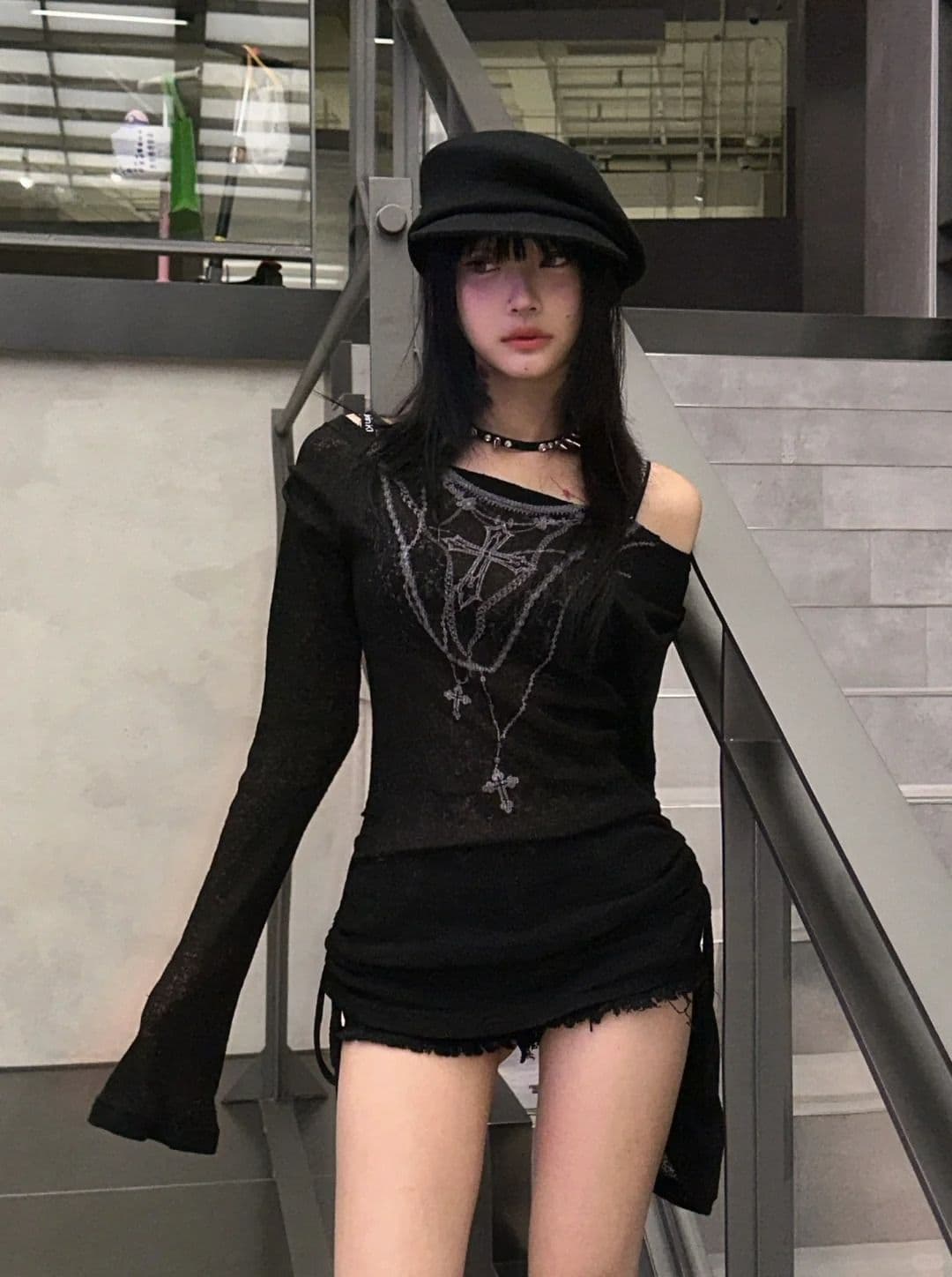 원본 품질 아메리칸 핫걸 바람 프린트 오프숄더 긴팔 티셔츠 허리 수축 블라우스 상세 이미지 6