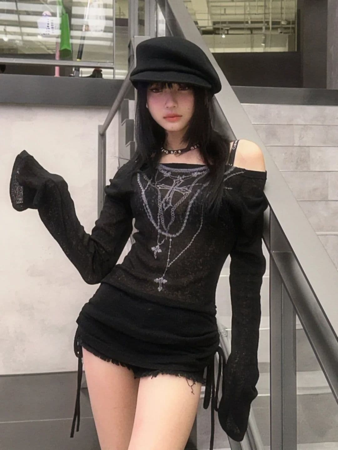 원본 품질 아메리칸 핫걸 바람 프린트 오프숄더 긴팔 티셔츠 허리 수축 블라우스 상세 이미지 8