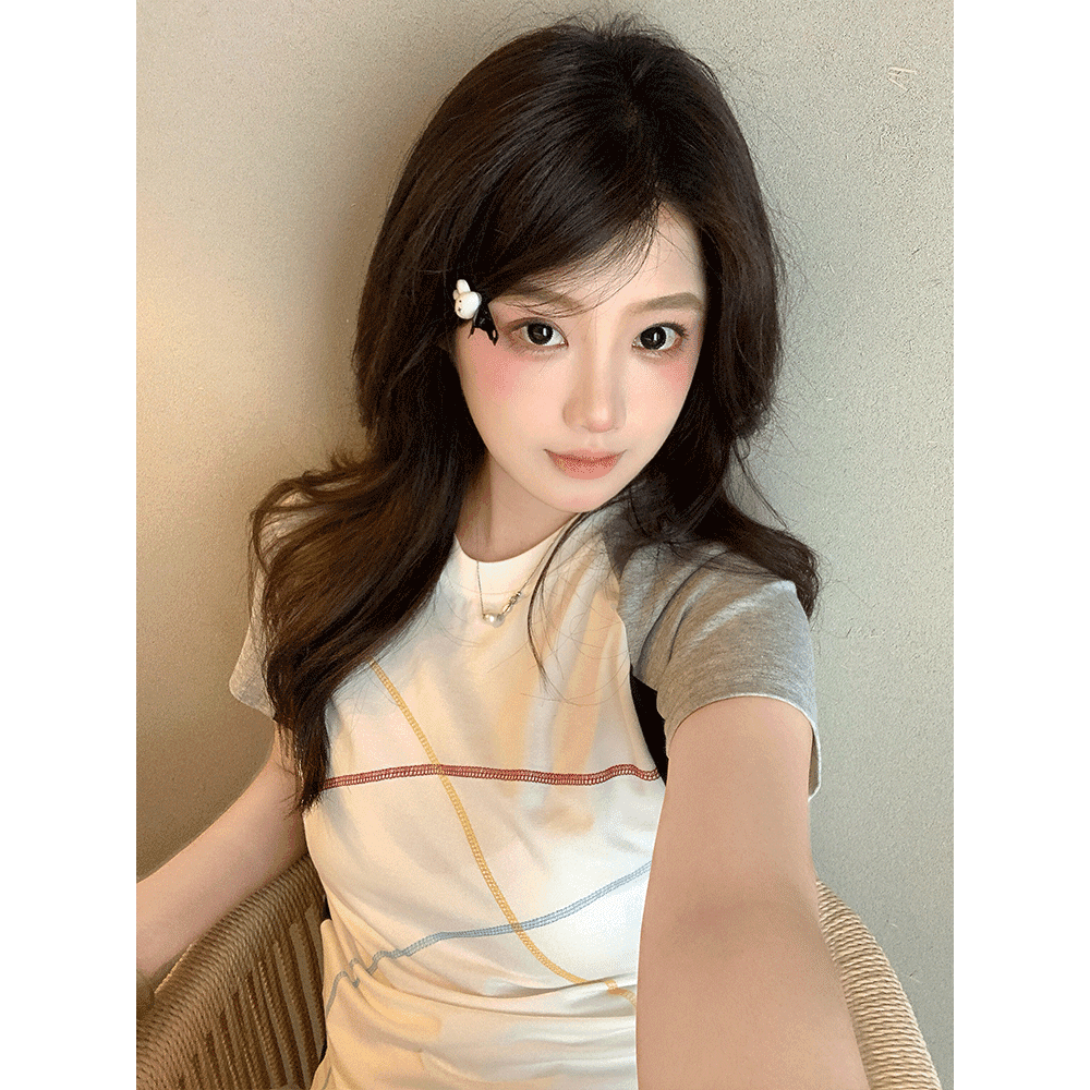 40 220 그램 92 면 8 암모니아 Lun 리브 네클라인 명시적 스티치 공예 배색 몸매 가꾸기 반팔 티셔츠 여성 이미지 5