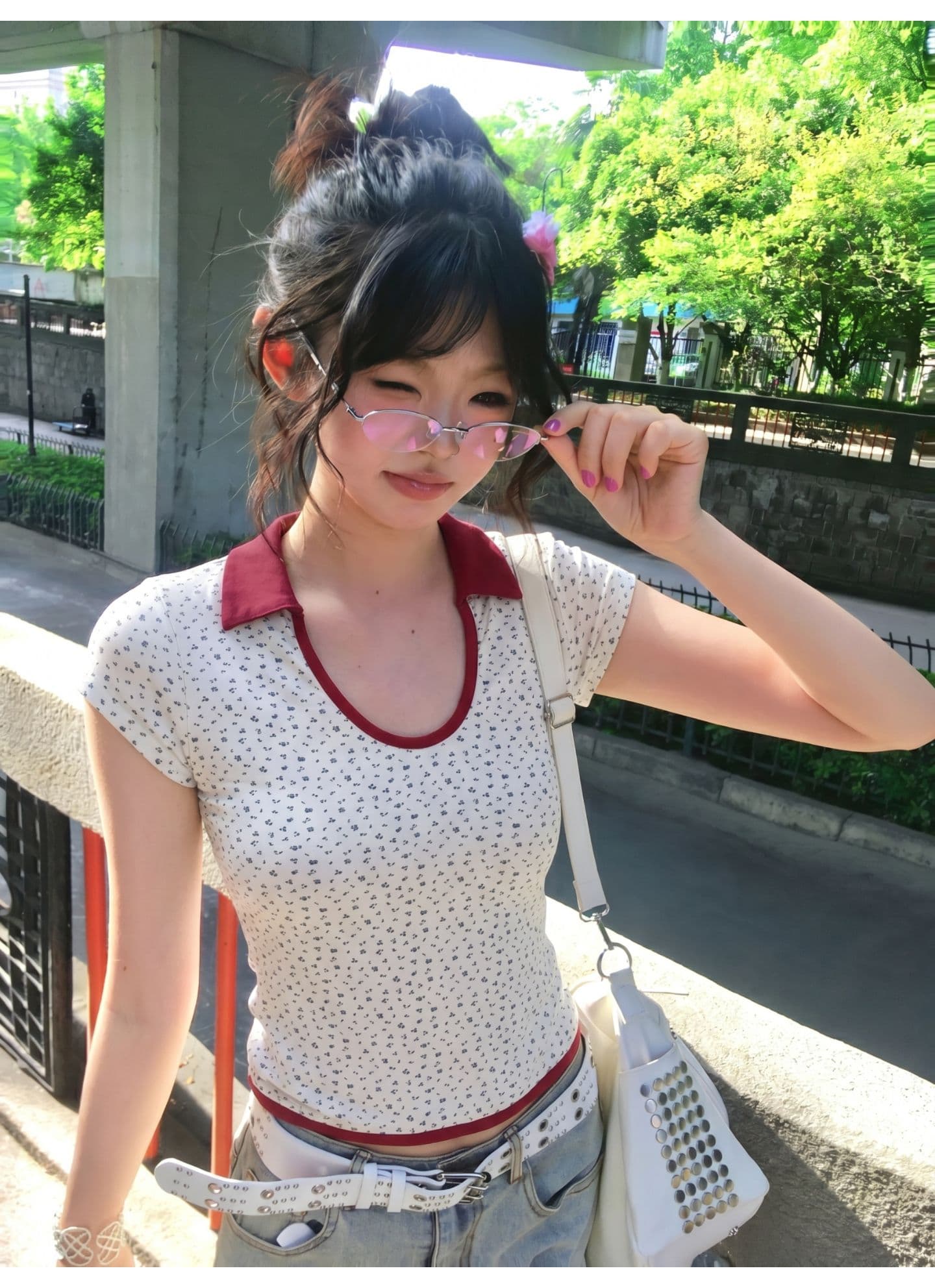원본 원단 한 부서 꽃무늬 도트 무늬 폴로 칼라 반팔 티셔츠 여름 몸매 가꾸기 맨위 상세 이미지 6