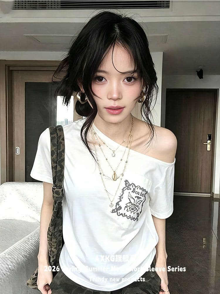 아메리칸 비스듬한 어깨 프린트 반팔 티셔츠 여성 여름 루즈핏 오프숄더 핫걸 레트로 디자인 센스 주머니 작은 셔츠 맨위 상세 이미지 5