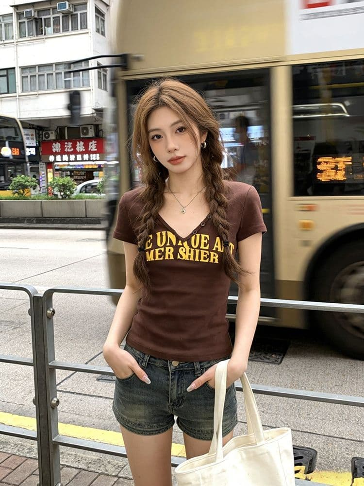 210 그램 40 순면 알파벳 프린트 V넥 반팔 티셔츠 여성 몸매 가꾸기 맨위 상세 이미지 2