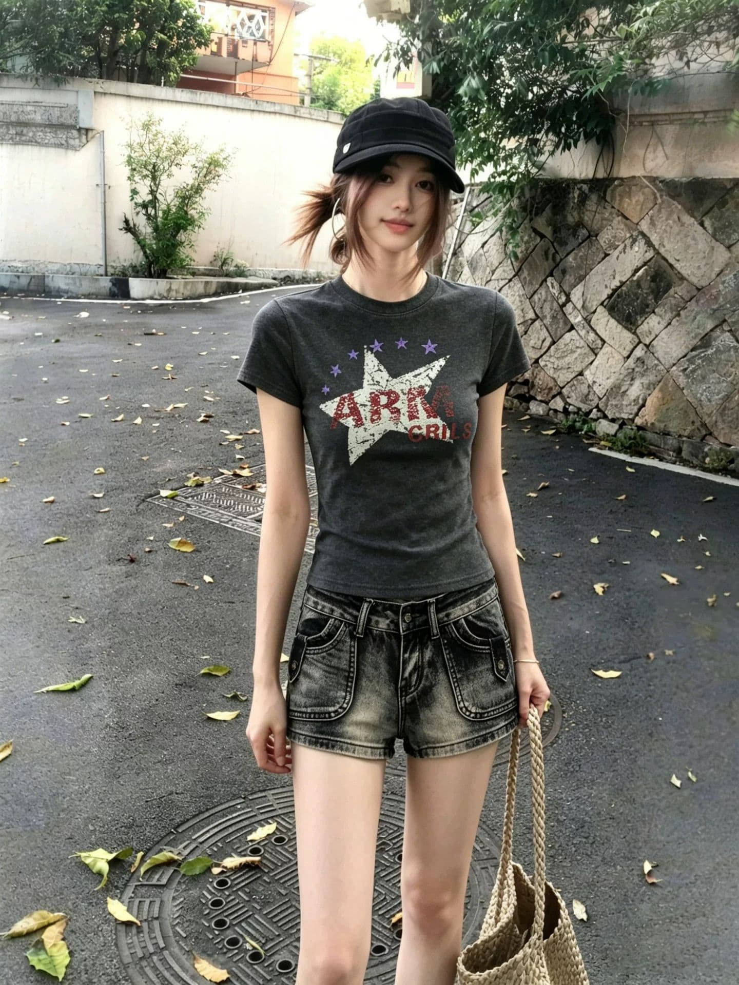 아메리칸 레트로 프린트 긍정적 인 어깨 반팔 티셔츠 여성 여름 몸매 가꾸기 슬림해 보이는 핫걸 쇼트 스타일 맨위 상세 이미지 3