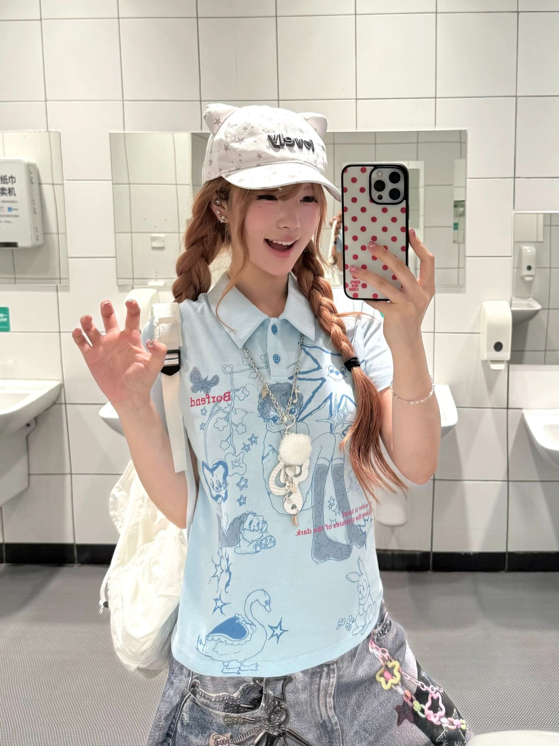 레트로 아시아 인 멩 센스 낙서 만화 POLO 칼라 반팔 티셔츠 여성 y2k 슬림해 보이는 긍정적 인 어깨 의류 상세 이미지 2