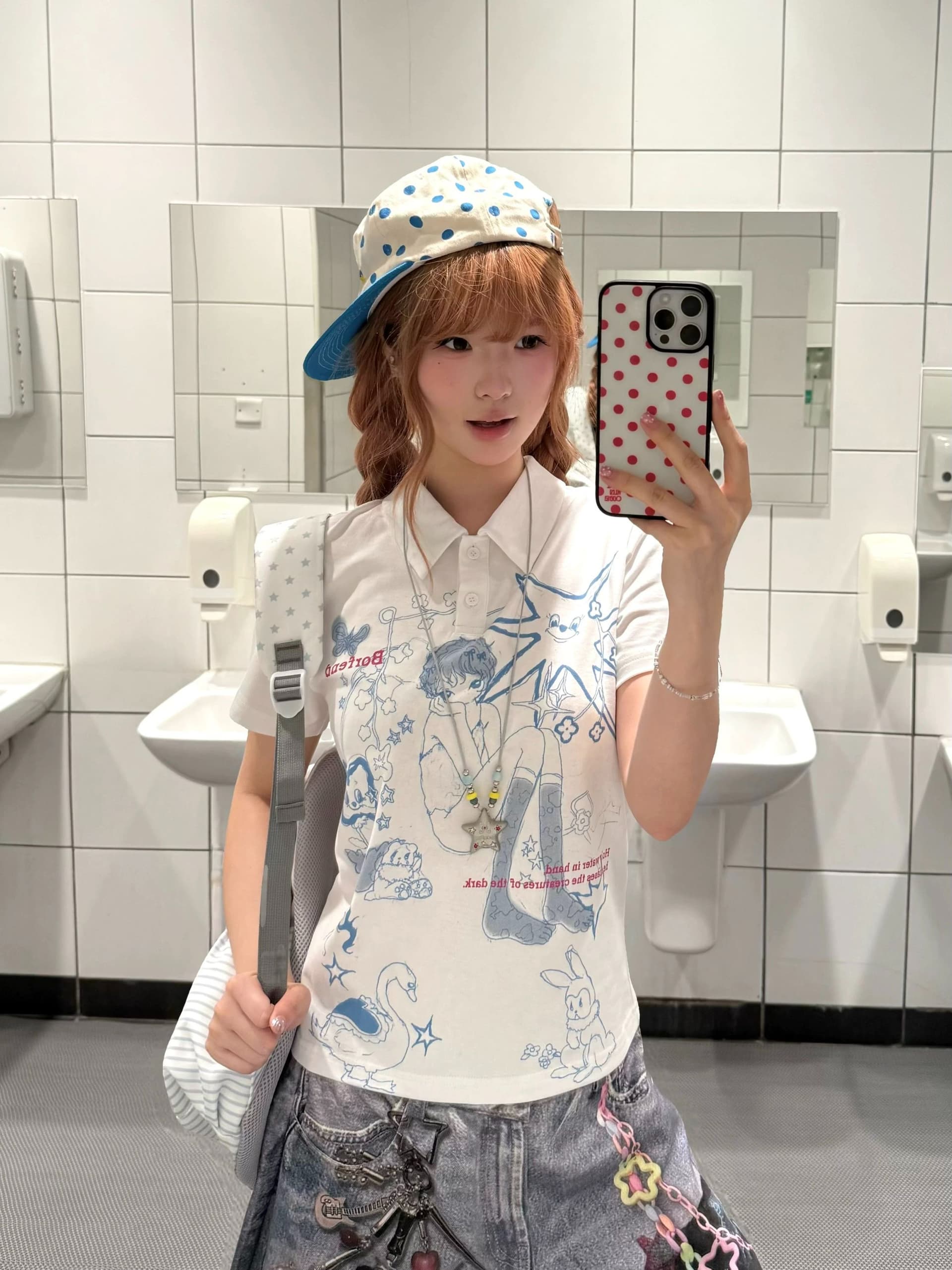 레트로 아시아 인 멩 센스 낙서 만화 POLO 칼라 반팔 티셔츠 여성 y2k 슬림해 보이는 긍정적 인 어깨 의류 상세 이미지 4