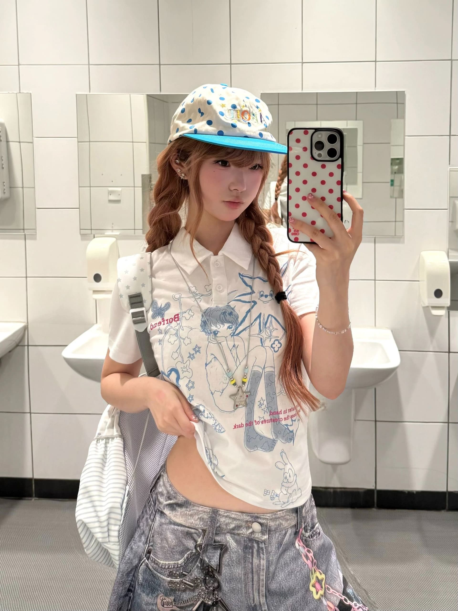 레트로 아시아 인 멩 센스 낙서 만화 POLO 칼라 반팔 티셔츠 여성 y2k 슬림해 보이는 긍정적 인 어깨 의류 상세 이미지 5
