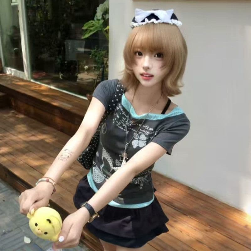 40 순면 210 그램 프린트 반팔 패치워크 도트 무늬 천 페이크 레이어드 티셔츠 여성 허리 수축 슬림해 보이는